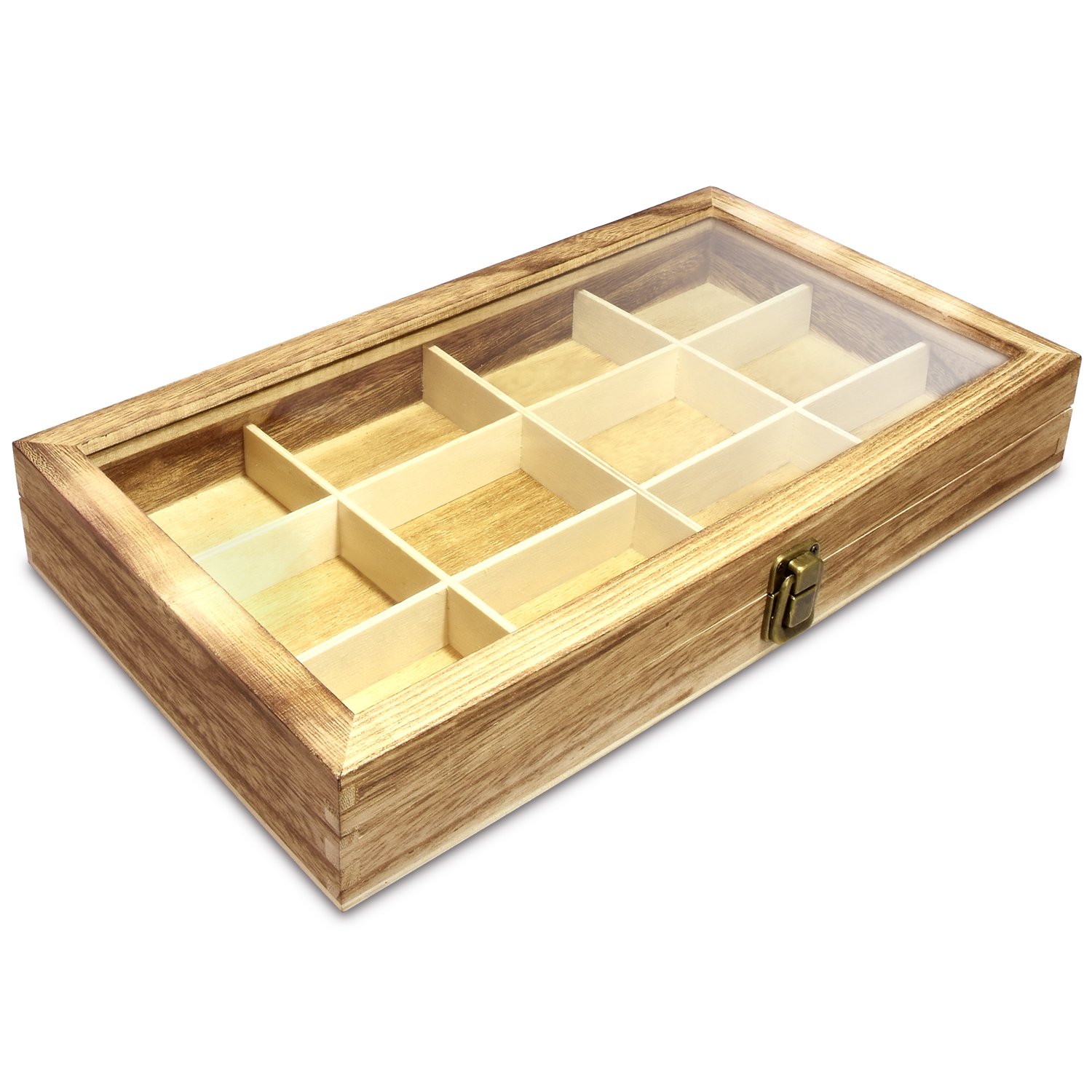 Elegant Wooden Jewelry Organizer Box with Glass Lid - 12 Compartment Jewelry Storage Tray for Rings, Bracelets, Gemstones & Small Accessories - Oak Finish - Perfect for Vanity, Dresser & Travel Jewelry Organization