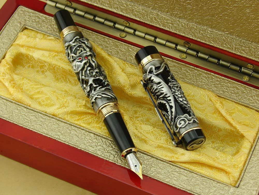 Jinhao Dragon Phoenix Fountain Pen Set - Vintage Black Fude Bent Nib Luxury Writing Pen with Gift Case | Perfect for Calligraphy, Journaling & Collectors