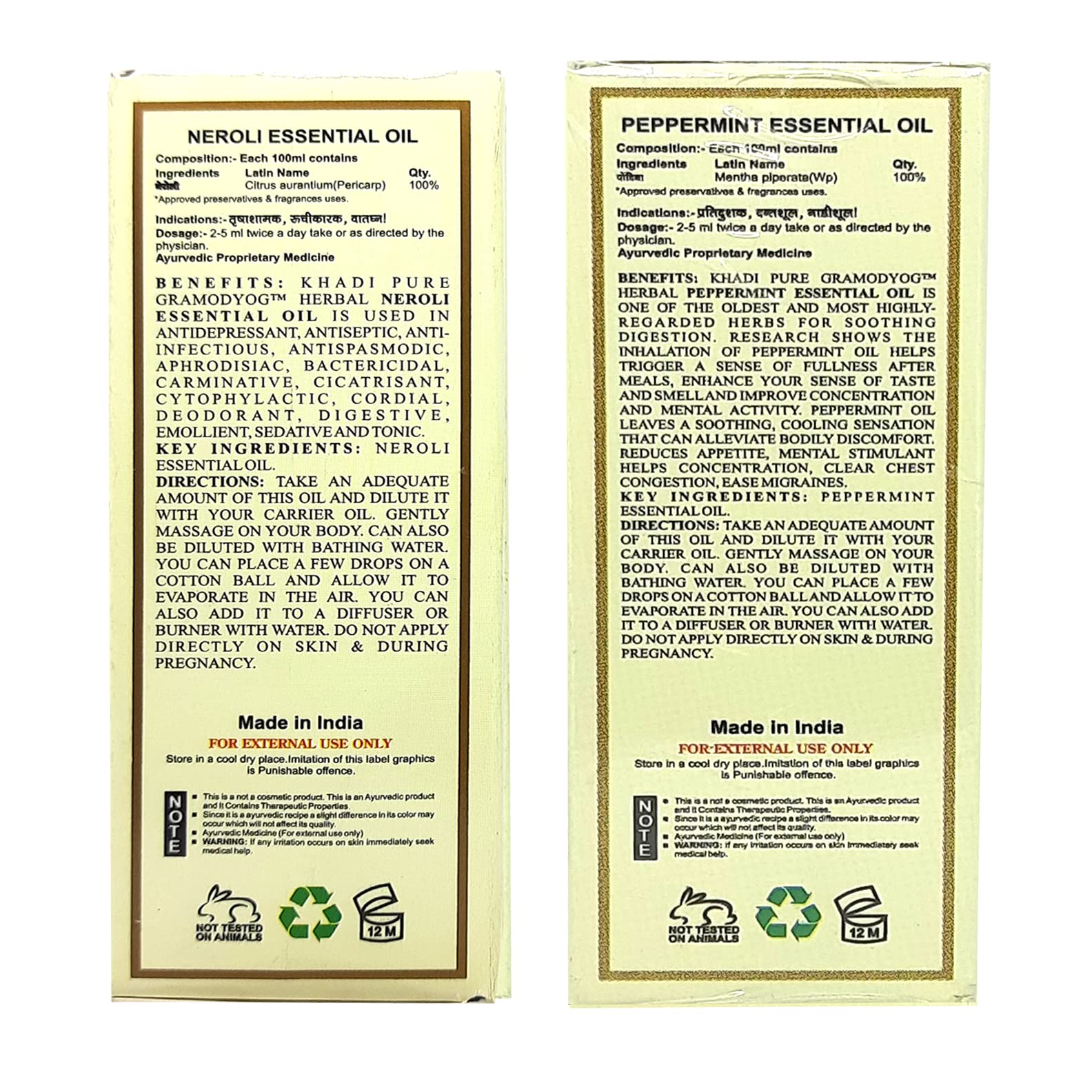 Khadi Pure Neroli & Peppermint Essential Oil - 15ml (Pack of 2) | 100% Natural Aromatherapy Oil for Relaxation, Stress Relief & Skin Care | Perfect for Diffusers, Massage & DIY Beauty Products