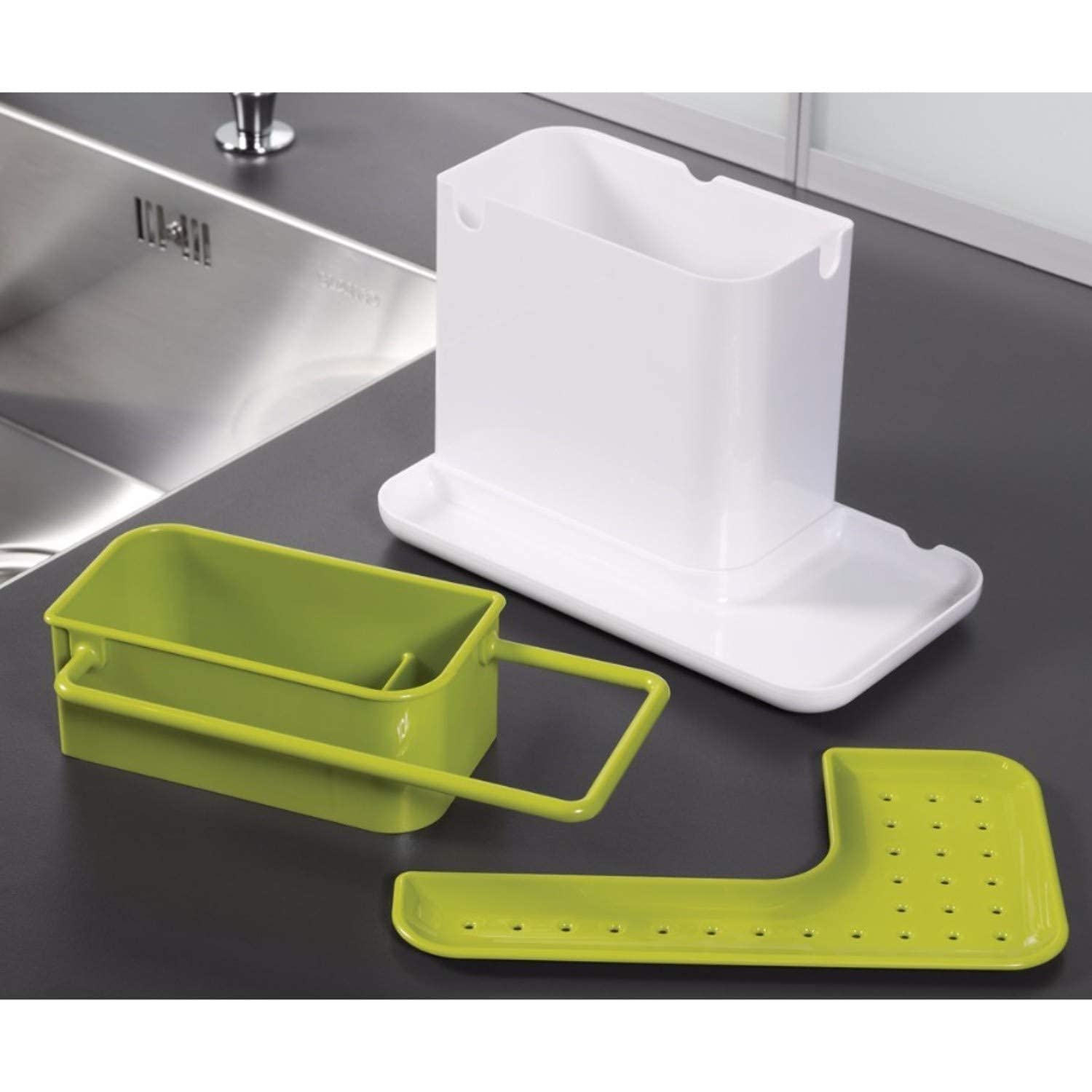 HEBEZON 3-in-1 Kitchen Organizer Stand - Wall Mounted Sink Caddy with Dish Drainer, Soap Dispenser & Sponge Holder - Space Saving Multicolor Rack for Dishwasher Liquid & Scrubbers - Perfect for Small Kitchens, Apartments & RVs