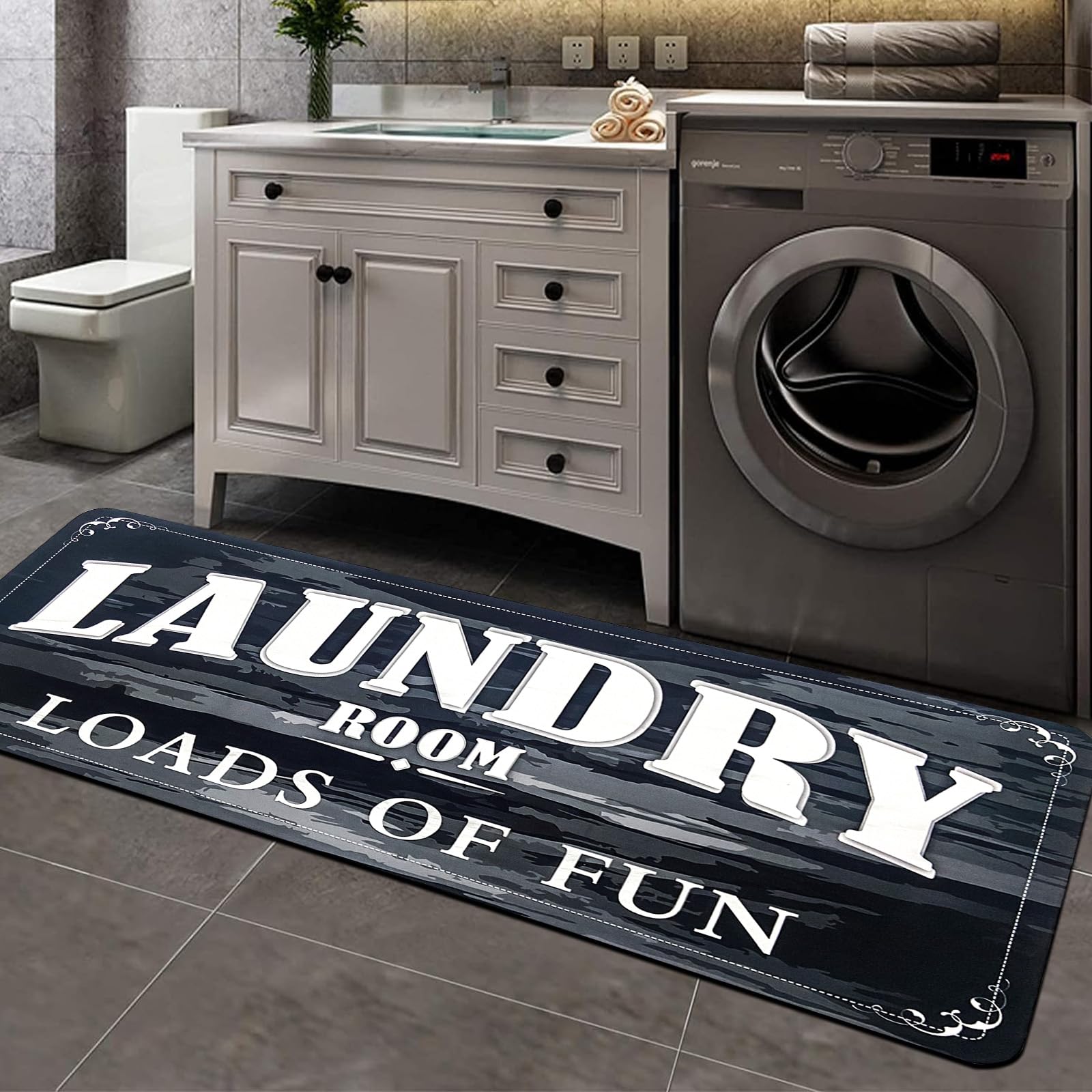 USTIDE Non-Slip Waterproof Laundry Room Runner Rug - Washable Farmhouse Rubber Floor Mat for Kitchen, Bathroom, Mudroom & Washroom (20x48 Inch, Black) - Perfect for Laundry Room Decor & High-Traffic Areas