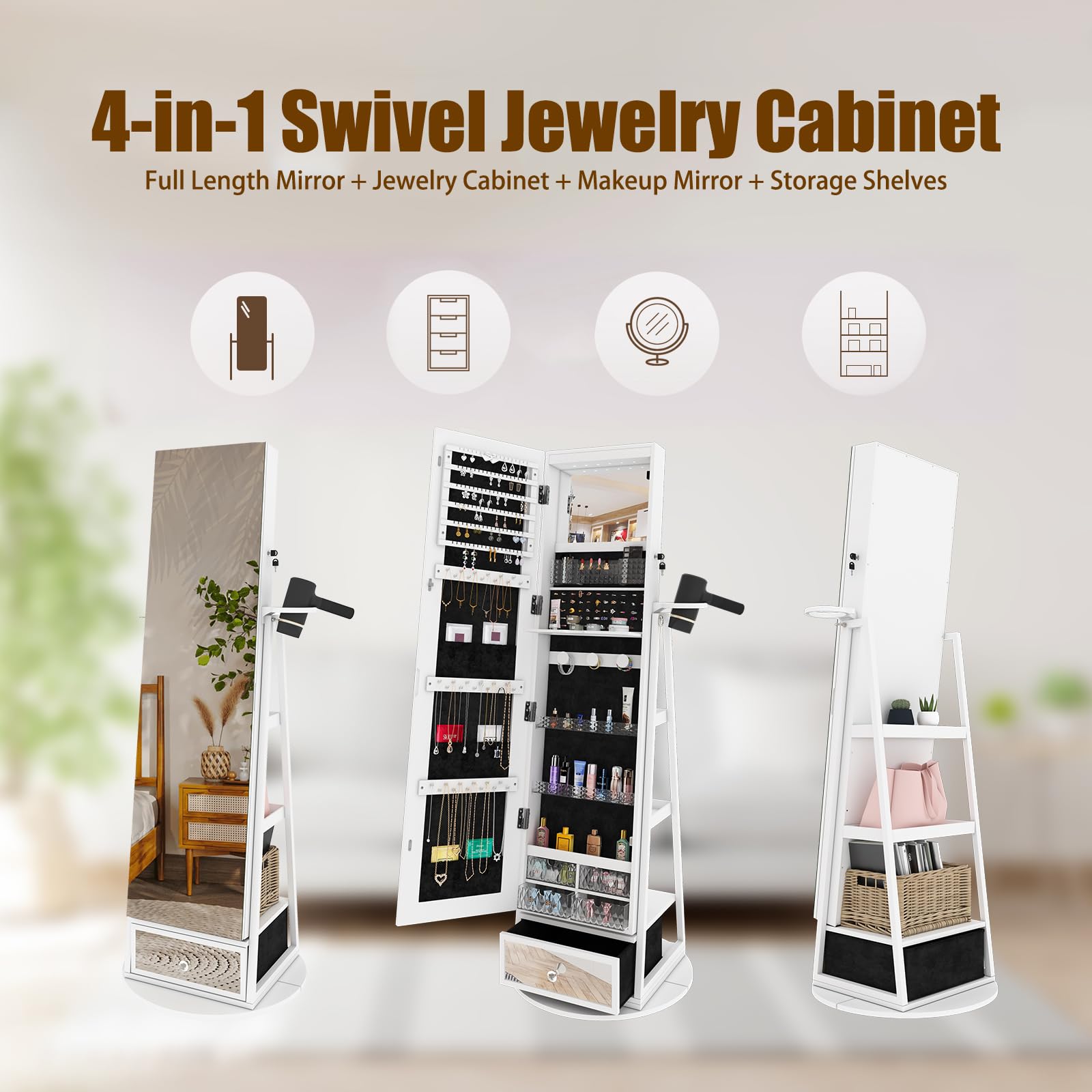 360° Swivel LED Jewelry Armoire with Full-Length Mirror - Foldable Makeup Organizer with Storage Shelves for Women & Girls | Perfect for Bedroom, Dressing Room & Closet Organization