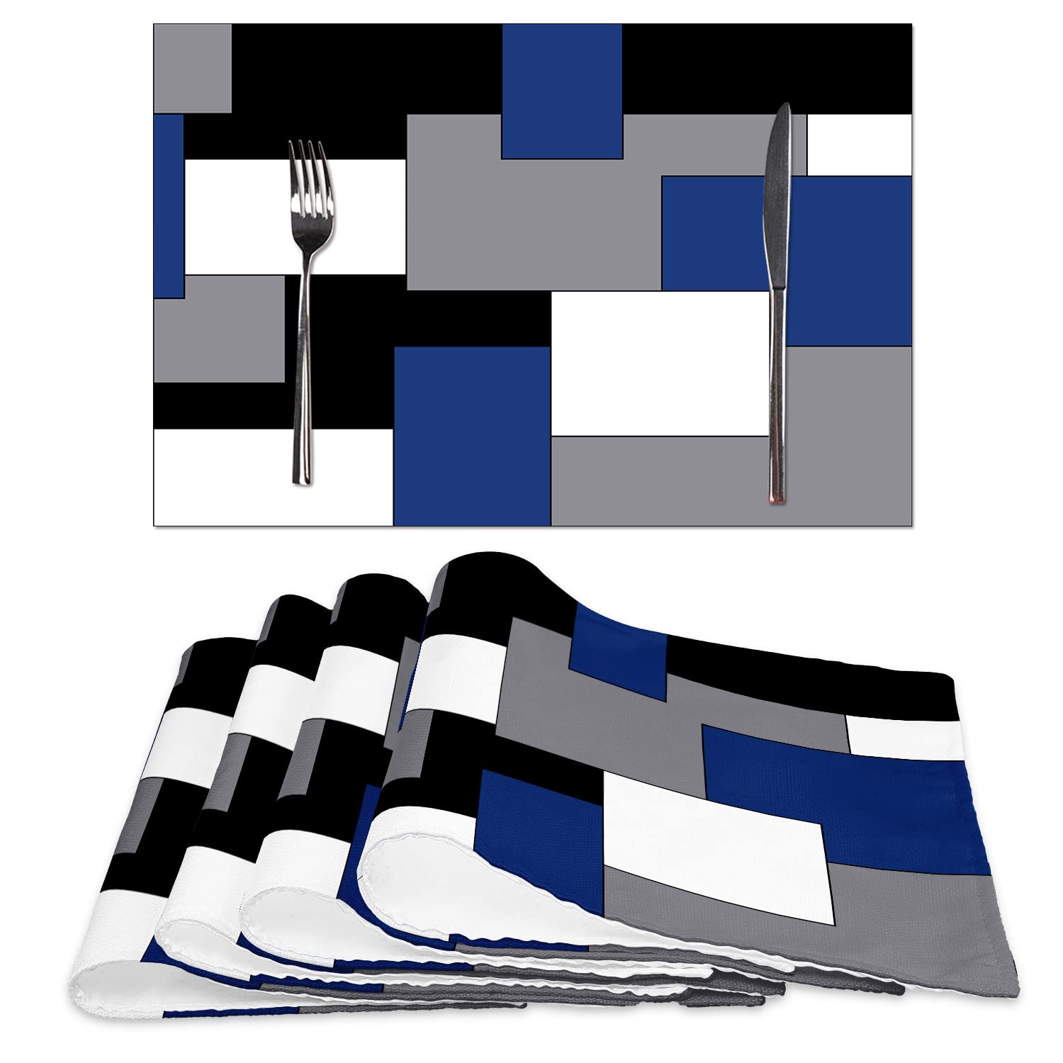 Blue Grey Black White Waterproof Burlap Placemats Set of 4 - 12x18 Inch Geometric Square Washable Dining Table Mats for Kitchen & Home Decor | Perfect for Dinner Parties, Daily Meals, and Holiday Gatherings