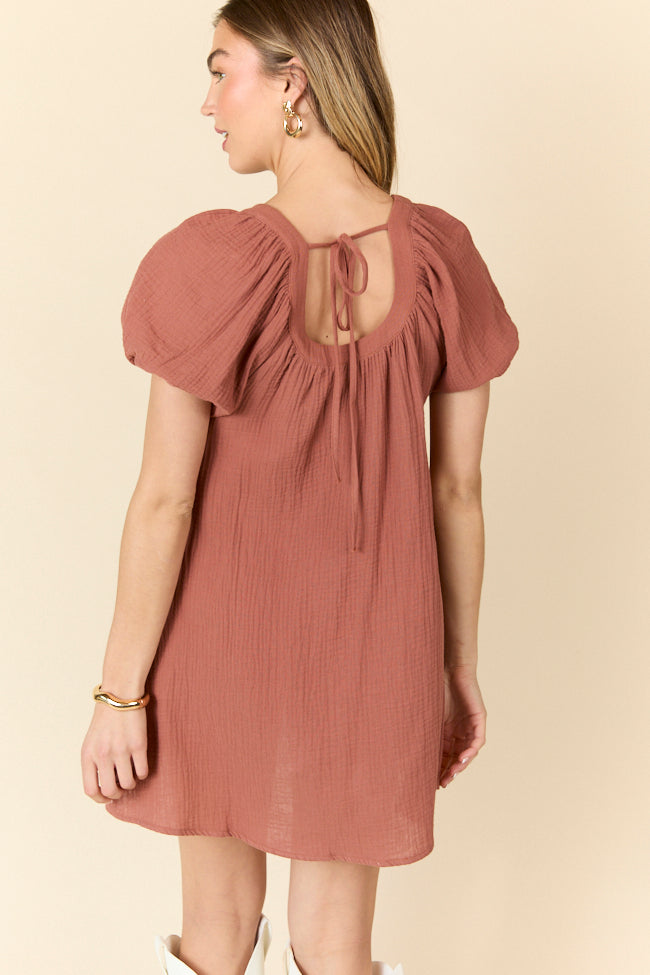 Brown Gauze Short Sleeve Mini Dress - Boho Summer Party Outfit for Women | Beach Wedding, Music Festival & Casual Date Night
