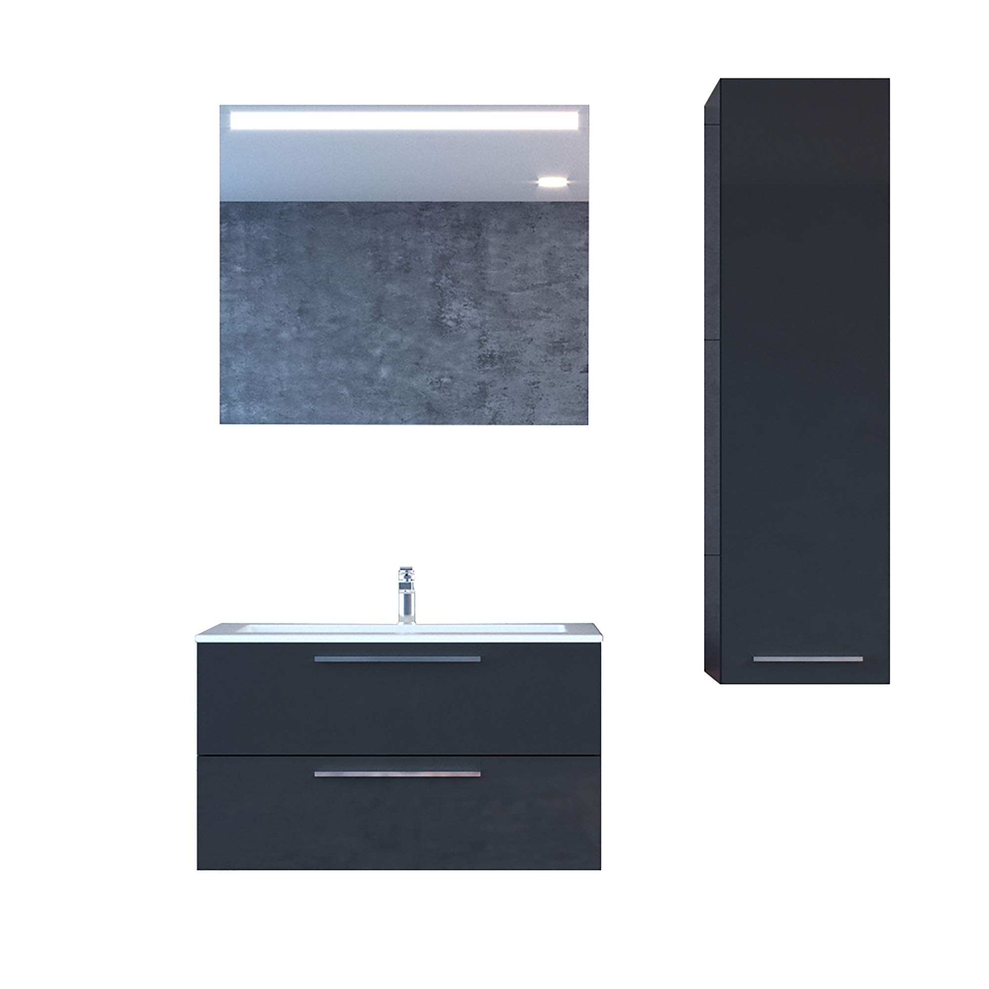 24 Inch Modern Floating Bathroom Vanity Set with LED Mirror & Side Cabinet - Soft Closing Doors, Ceramic Sink, Wall Mounted - Glossy Gray Wooden Vanity for Small Bathrooms & Powder Rooms | Perfect for Apartments, Condos & Modern Homes