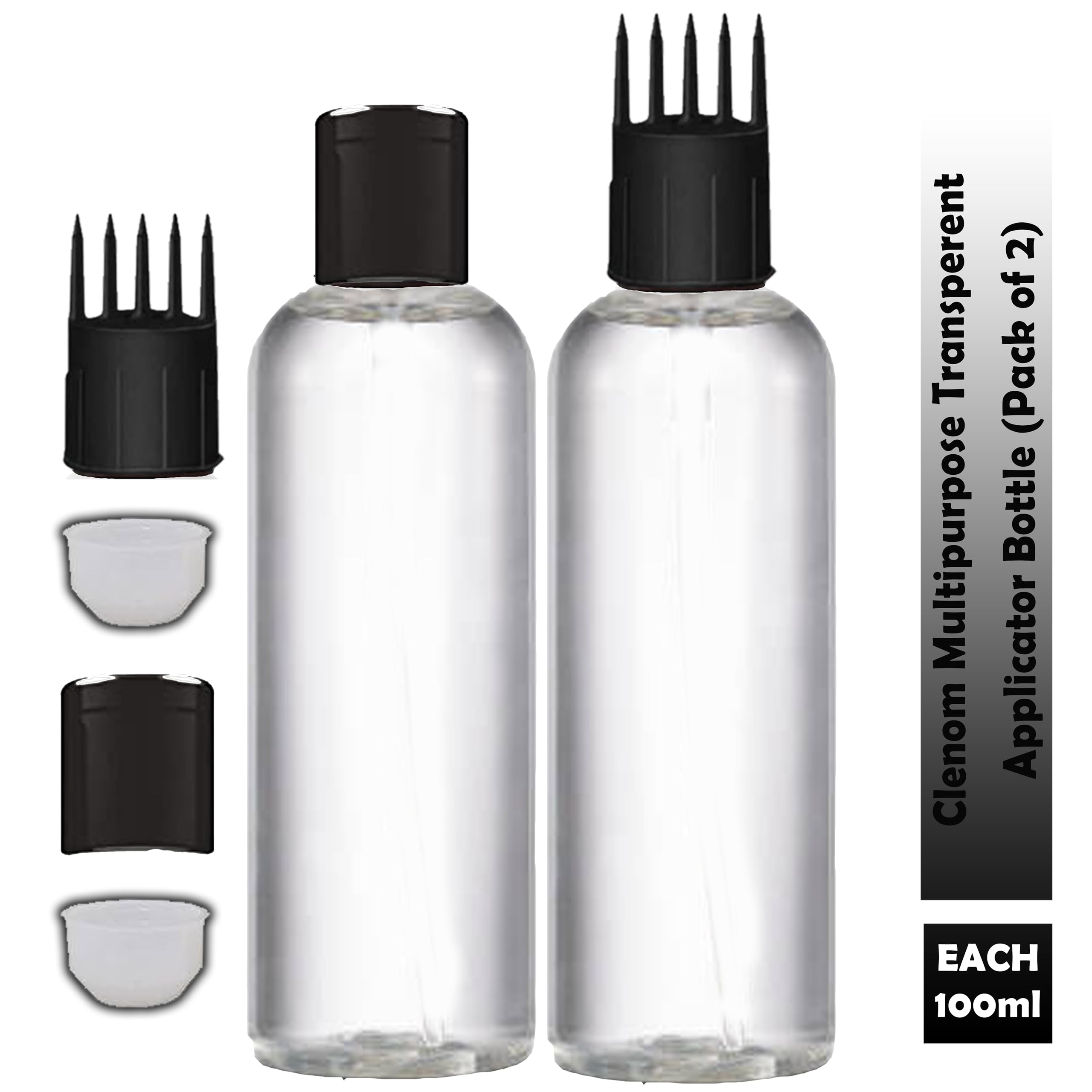 Clenom 100ml Multipurpose Hair Oil Applicator Bottle with Comb Cap - Transparent Scalp Treatment Bottle for Hair Oil, Shampoo & Medicine (Pack of 2) - Perfect for At-Home Hair Care & Salon Treatments