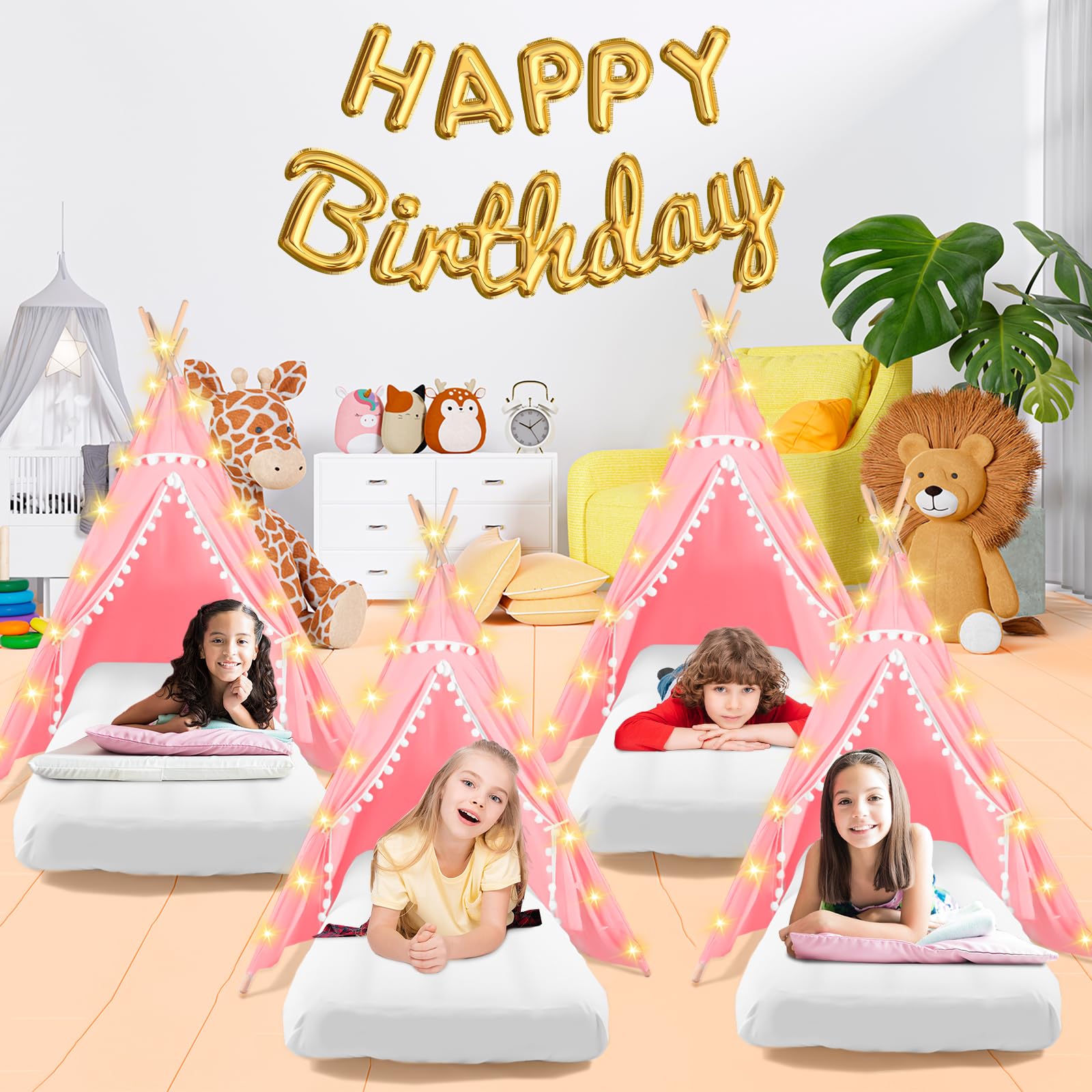 4-Pack Kids Teepee Tents with Inflatable Air Mattress & Fairy Lights - Washable Cotton Play Tent for Boys and Girls Sleepovers, Birthday Parties & Indoor Camping (Pink) - Perfect for Slumber Parties, Playrooms & Backyard Adventures
