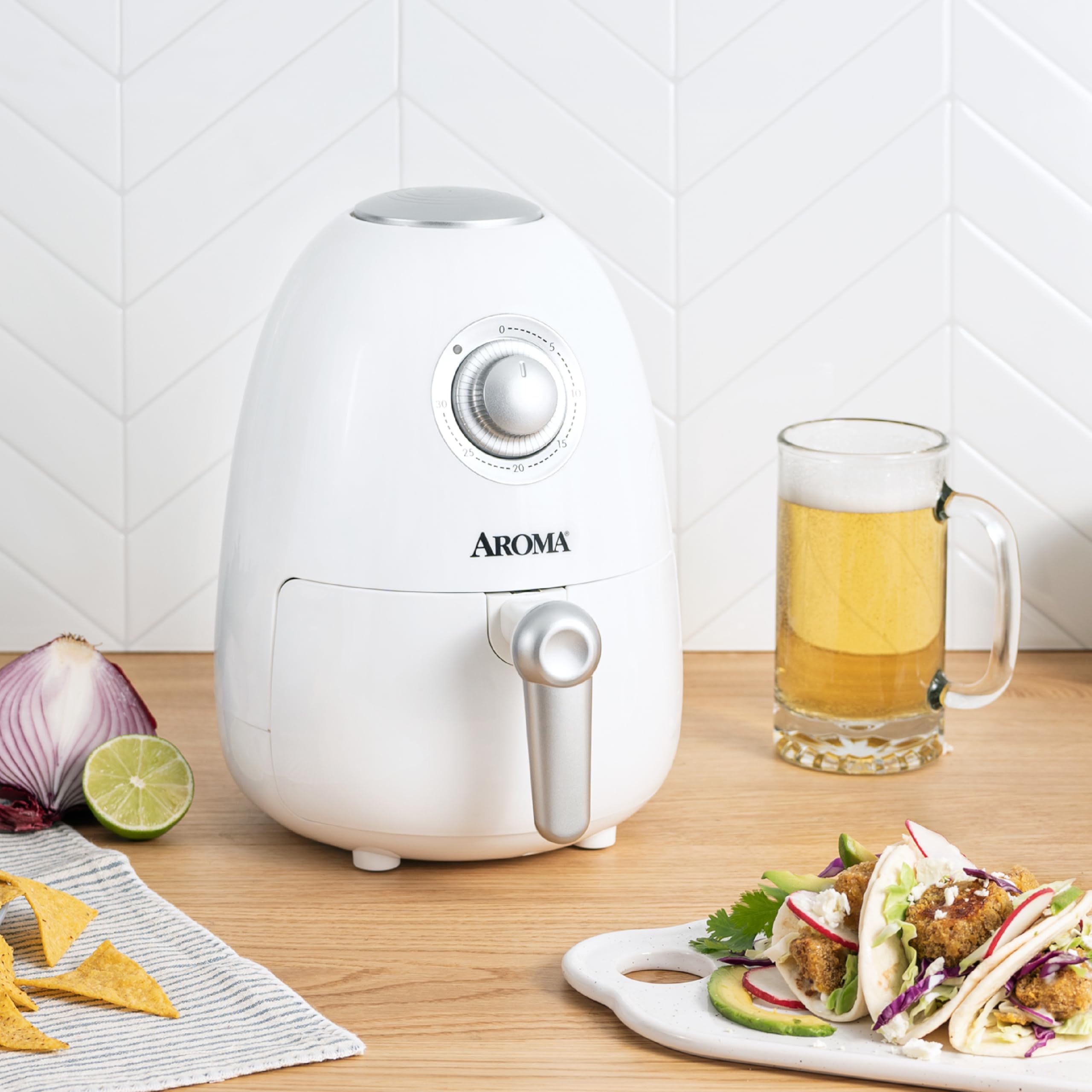 Aroma Housewares 2-Quart Air Fryer with Built-In Timer & Nonstick Cooking Pan - White (AAF-200) - Perfect for Small Kitchens, Dorms & Healthy Cooking