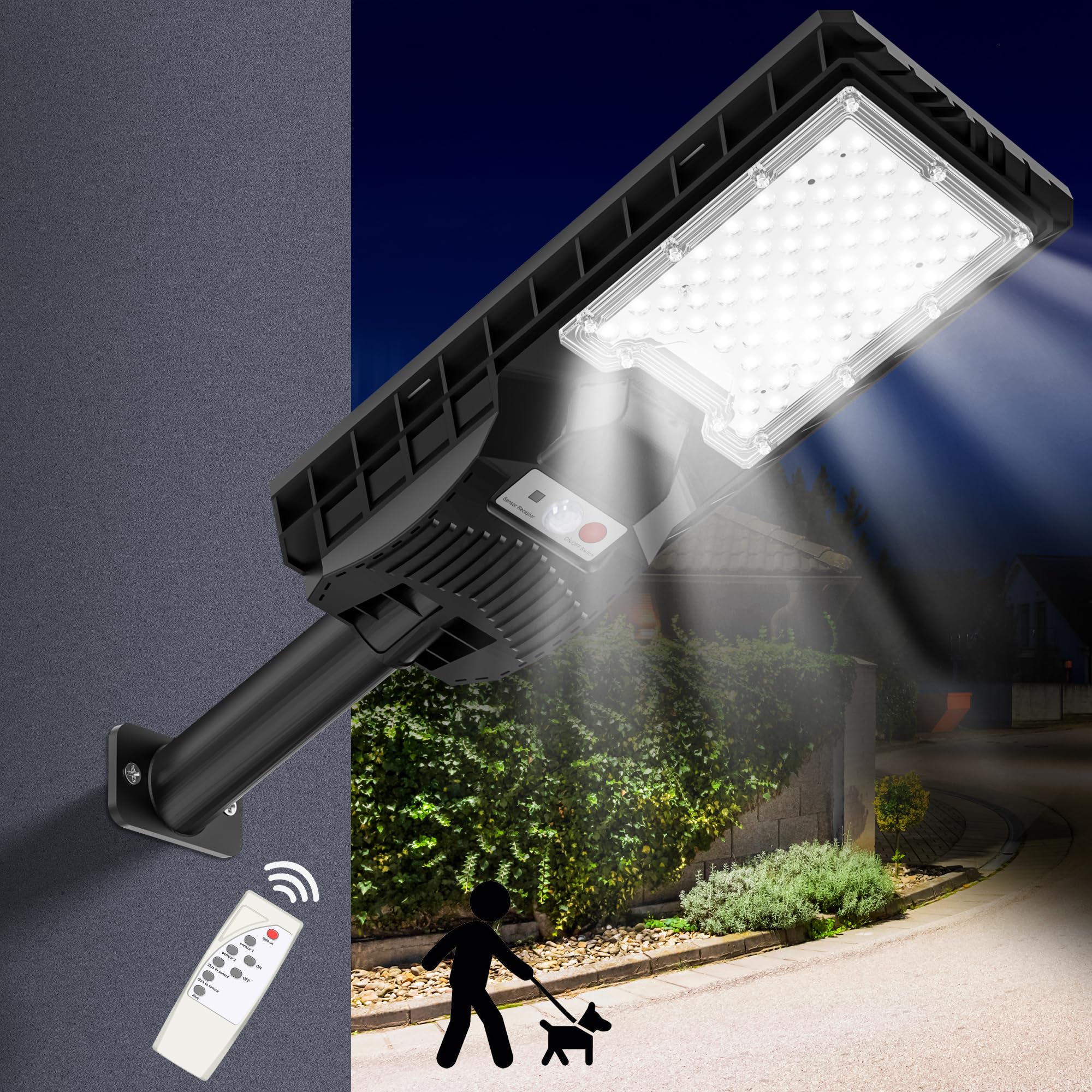 Solar Powered Outdoor LED Street Lights with Motion Sensor & Remote Control - Waterproof Security Flood Lights for Yard, Garage, Driveway (Ideal for Home Security & Energy-Efficient Night Lighting)