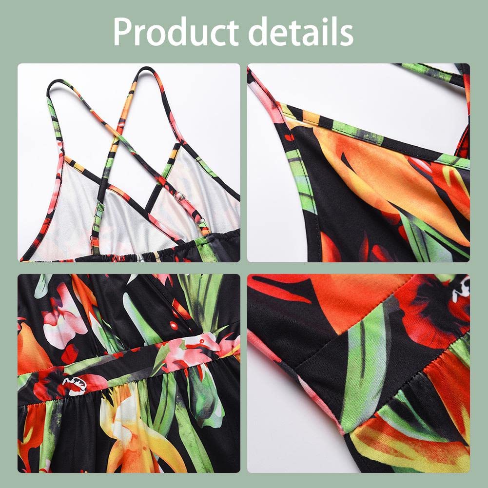Bohemian Floral Print Women's Maxi Dress - V-Neck Spaghetti Strap Long Sling Dress for Beach, Vacation & Summer Outfits