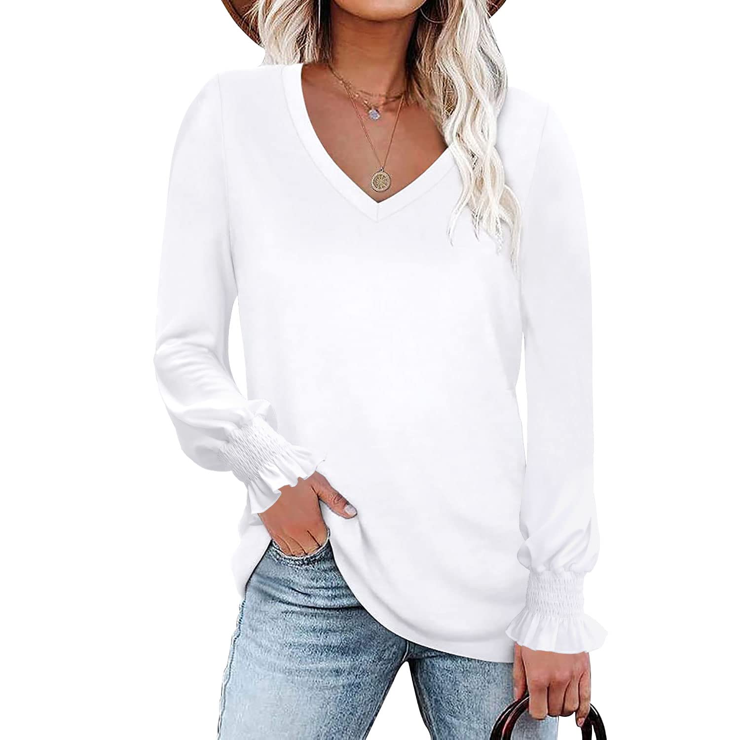 BESFLY Women's Summer V-Neck T-Shirt - Elegant Puff Sleeve Long-Sleeve Blouse for Casual & Dressy Occasions | Perfect for Office, Date Night & Weekend Outings