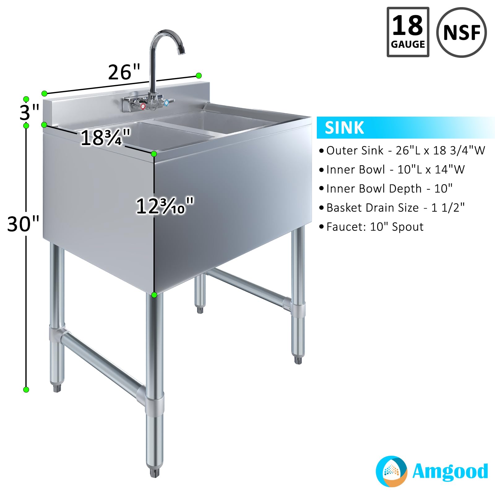 AmGood 2 Compartment Commercial Under Bar Sink with Faucet - 26
