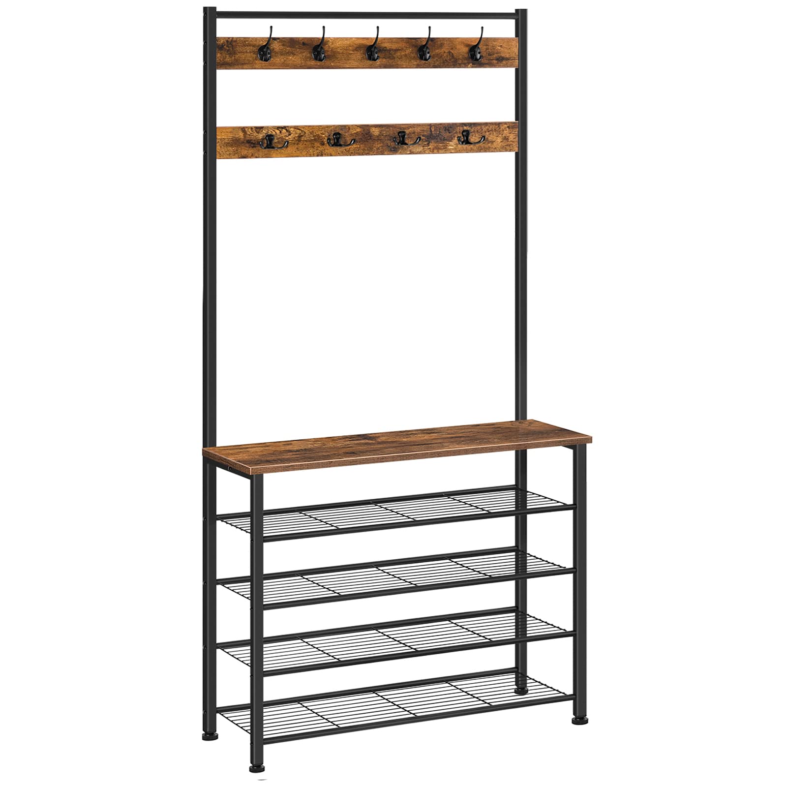 HOOBRO Industrial Hall Tree with Bench - 5-Tier Shoe Storage & 9-Hook Coat Rack for Entryway, Closet - Rustic Brown & Black BF80MT01G2 - Perfect for Mudroom Organization & Small Space Entry Solutions