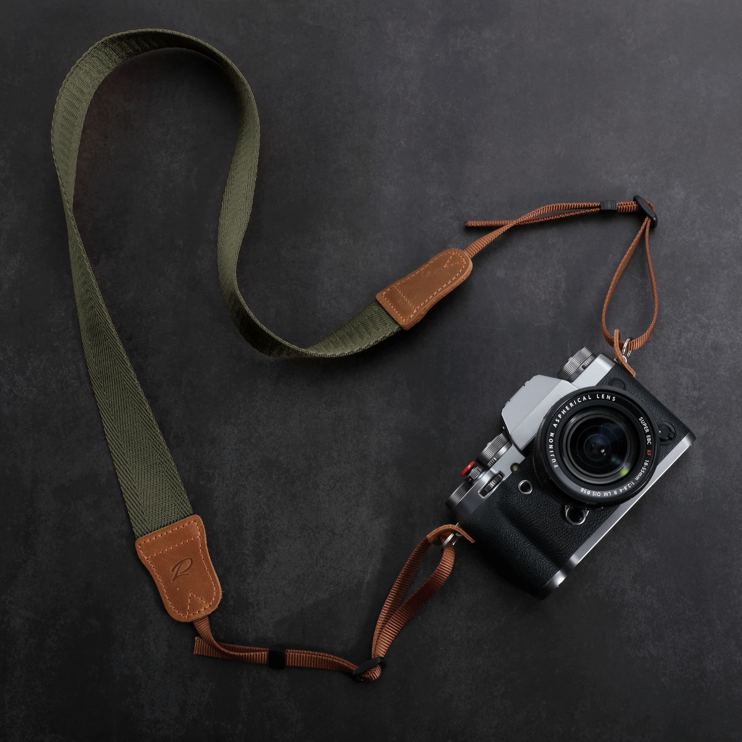 Premium Olive Green Camera Strap - Double Layer Top-Grain Cowhide Ends & 1.5