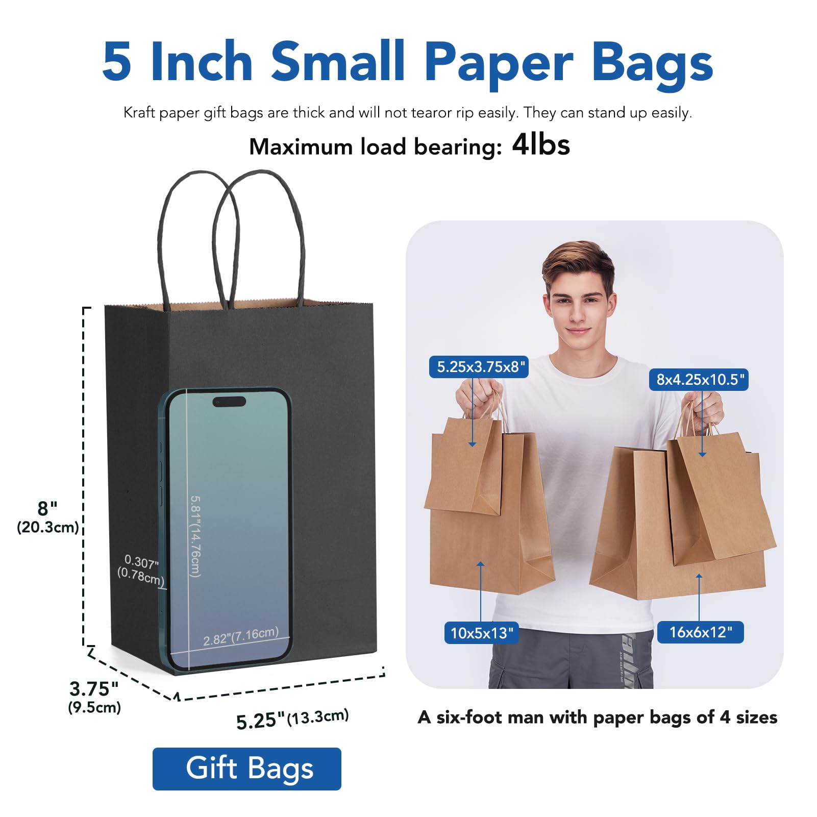 GSSUSA Kraft Paper Gift Bags 5.25x3.75x8 Inches - 20 Pack Black Handle Bags | Bulk Eco-Friendly Shopping Bags for Retail, Parties, Weddings, Grocery & Business | Perfect for Gift Wrapping, Merchandise Packaging & Boutique Displays