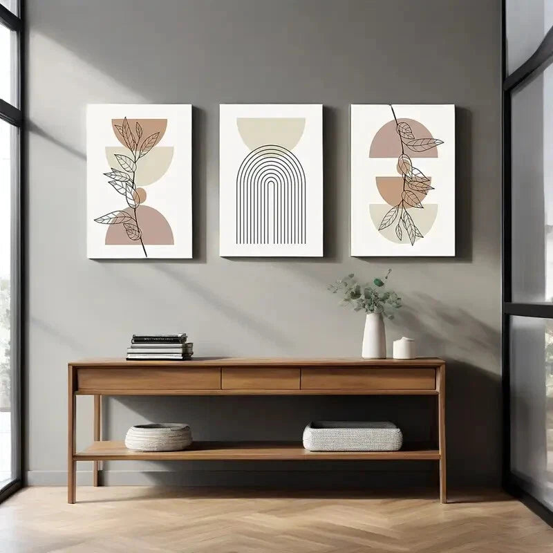 3-Piece Abstract Geometric Line Leaf Beige Botanical Metal Wall Art Prints - Ready to Hang for Living Room, Bedroom & Office Decor