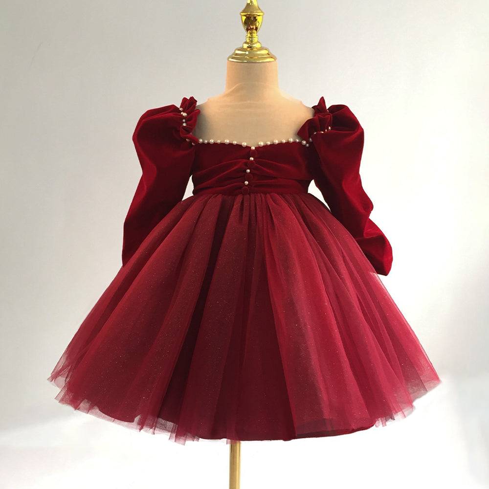 Elegant Burgundy A-Line Flower Girl Dress with Velvet & Tulle - Perfect for Weddings, Pageants & Special Occasions