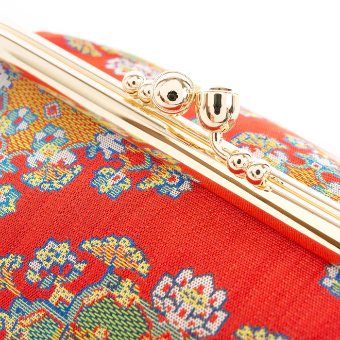 Japanese Nishijin Silk Small Pouch - Floral Red Kyoto Handmade Cosmetic & Makeup Bag | Traditional Gamaguchi Pouch for Travel Toiletry, Stationery & Bag Organizer | Perfect for Daily Use, Gift Giving & Japanese Culture Lovers