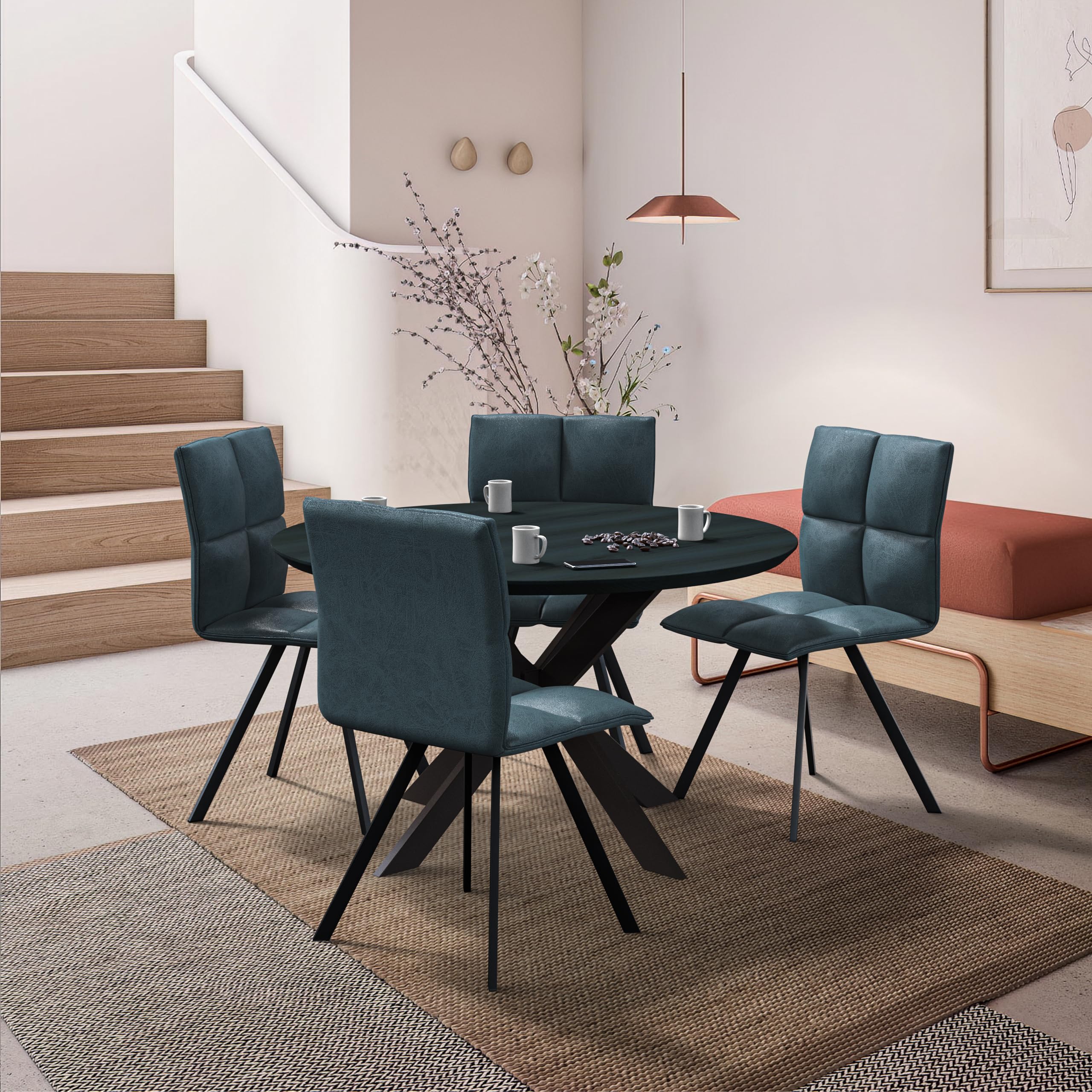 LeisureMod Wesley Modern Leather Kitchen & Dining Chairs Set of 4 - Peacock Blue with Sturdy Metal Legs | Perfect for Home, Restaurant & Office Use