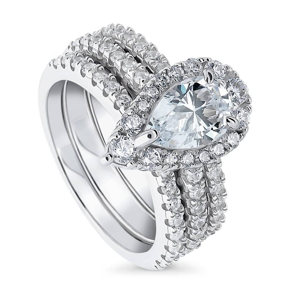 BERRICLE Sterling Silver Pear Cut Cubic Zirconia Halo Engagement Ring Set for Women - Rhodium Plated, Size 4-10 - Perfect for Weddings, Proposals & Anniversary Gifts