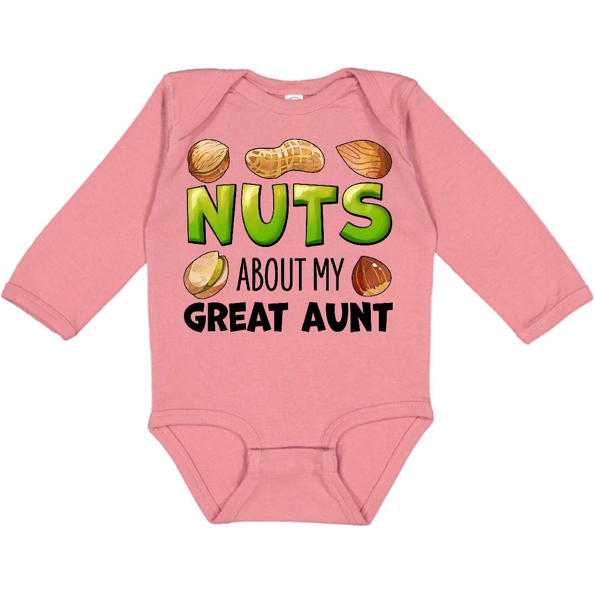 Inktastic 'Nuts About My Great Aunt' Peanut, Almond, Pistachio Print Baby Long Sleeve Bodysuit - Cute & Comfortable Outfit for Family Photos, Holidays & Everyday Wear