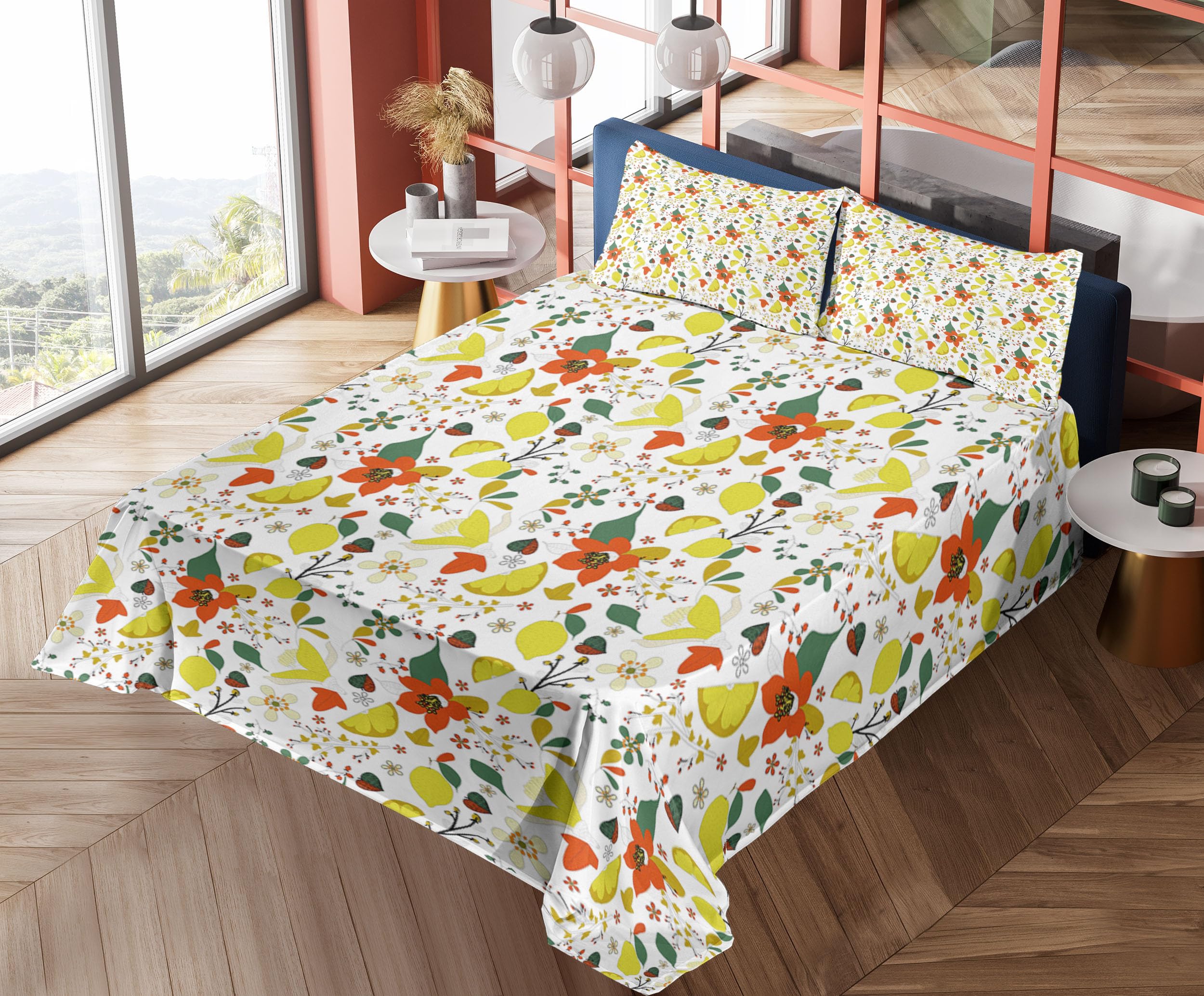 Ambesonne Floral Sheet Set 4-Piece King Size - Spring Flowers with Lemon Leaves Inspirational Design, Fitted & Flat Sheets with Pillowcases - Red Yellow Forest Green Bedding for Master Bedroom & Guest Room Decor