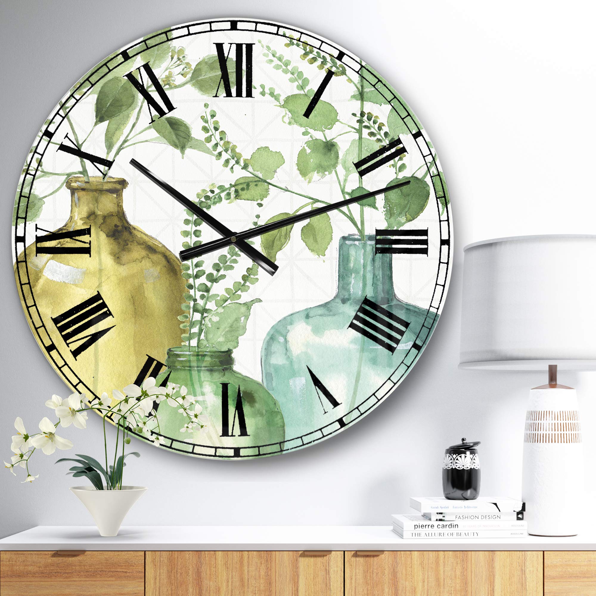 Designart Mixed Botanical Green Leaves IX Round Metal Wall Clock - Farmhouse Wall Decor for Living Room, Bedroom, Office | Rustic Home Decor with Nature-Inspired Design | Perfect for Farmhouse, Boho & Modern Interior Styles