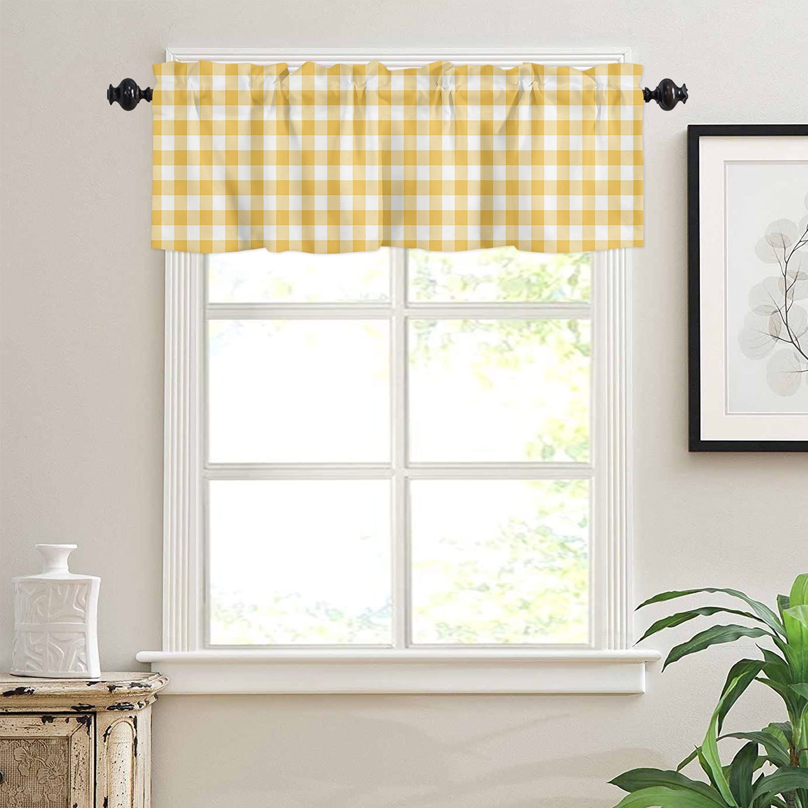 Buffalo Plaid Curtain Valances for Windows - 54x18 Inch Farmhouse Style Tier Curtains with Rod Pocket, Yellow Checkered Valance for Kitchen & Living Room Decor | Perfect for Country Cottage, Rustic Home & Farmhouse Interior Design