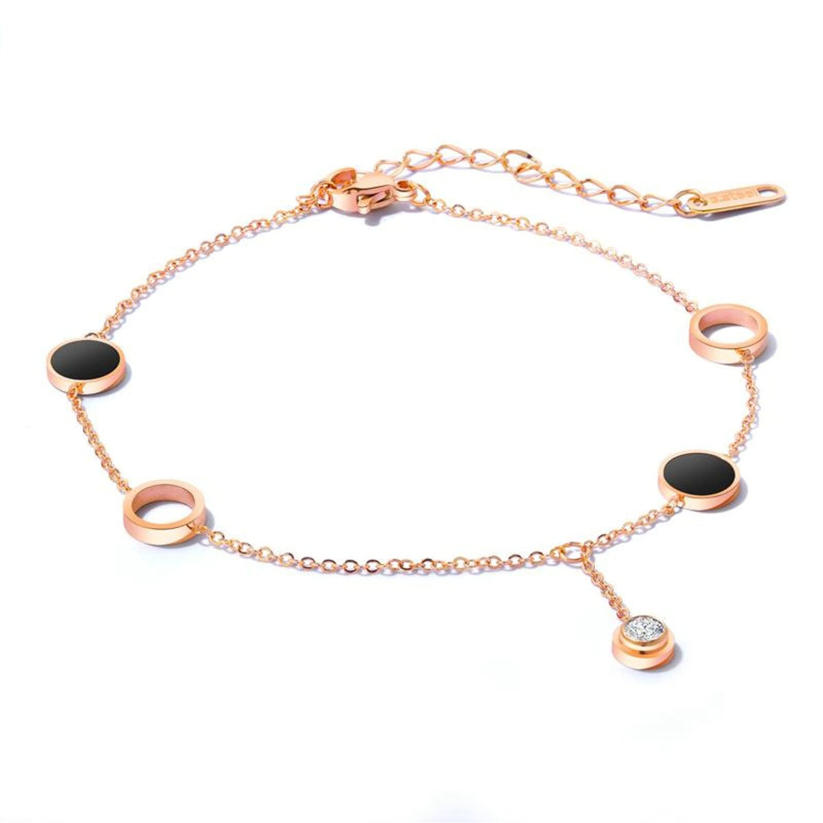 Gualiy Women's Rose Gold Ankle Bracelet - Stainless Steel Round Circle Anklet with Cubic Zirconia, Adjustable 20+5cm - Perfect for Beach, Party & Everyday Fashion Jewelry