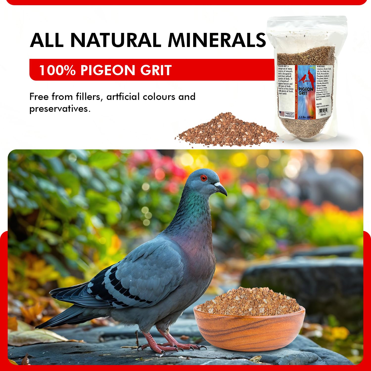 Morning Bird Pigeon Grit - Premium Natural Mineral Supplement for All Bird Species | Supports Strong Muscles & Bones | Easy to Digest Nutritious Bird Food (1.5 lbs) - Ideal for Pigeons, Doves, Parrots & Backyard Birds