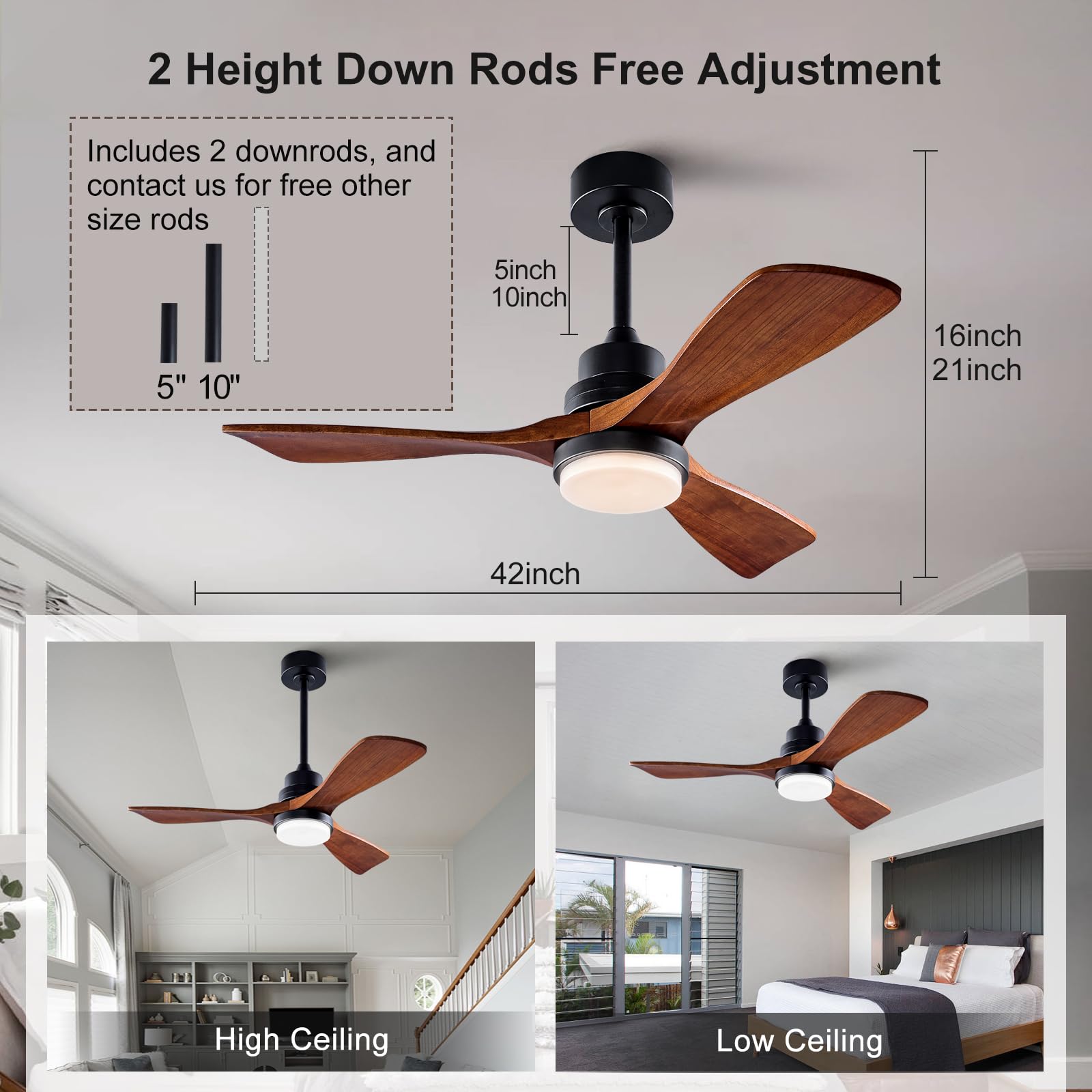 BOJUE 42 Inch Modern Black Ceiling Fan with Light and Remote Control - Dimmable LED Light, Ultra Quiet Reversible DC Motor, Memory Function - Solid Wood Indoor/Outdoor Ceiling Fan for Office, Patio, Living Room, Bedroom, Dining Room