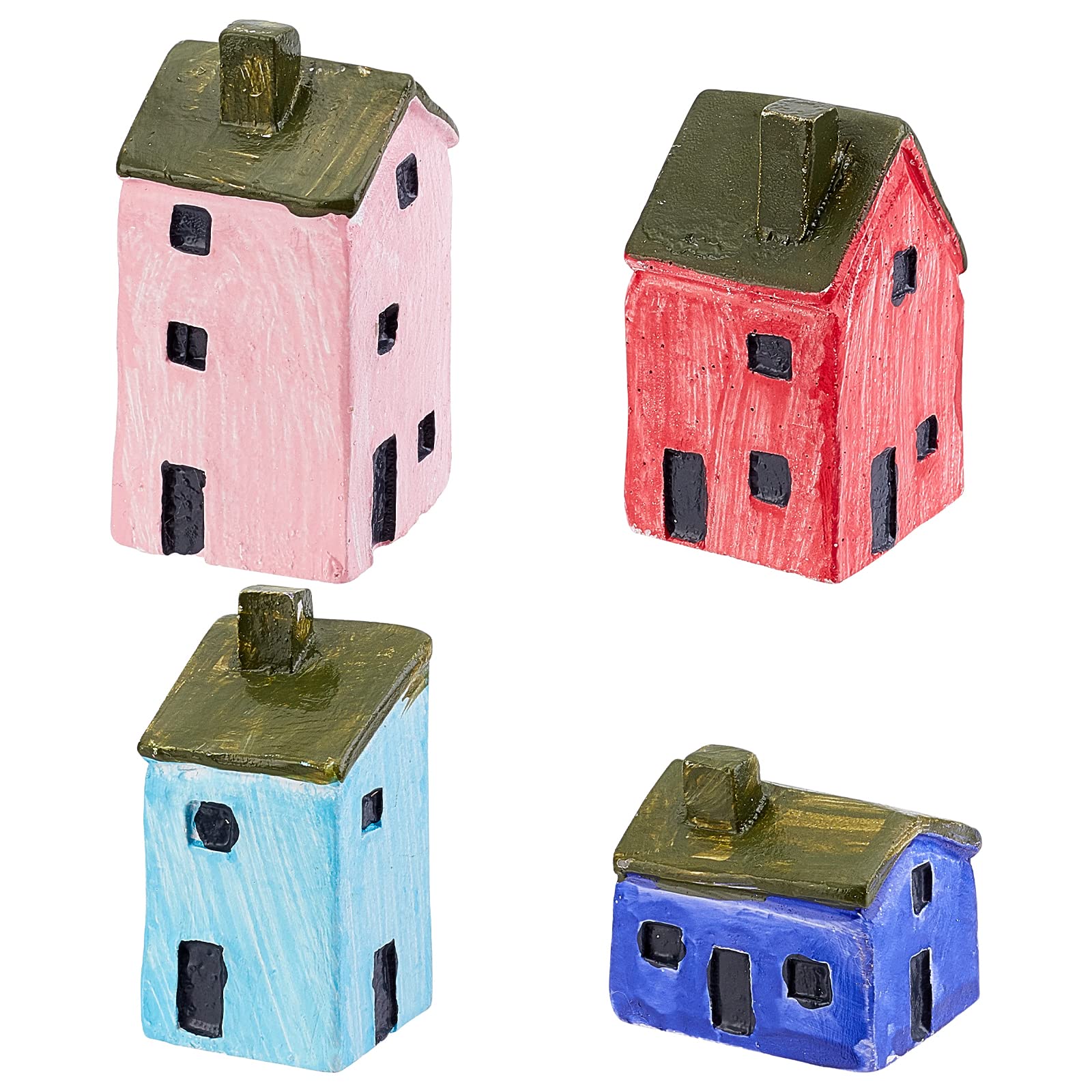 FINGERINSPIRE 4-Piece Miniature Fairy House Set - Pink, Dark Blue, Light Blue & Red Resin Cottage Decor for Dollhouse, DIY Craft, Fairy Garden, Christmas Village & Tabletop Displays