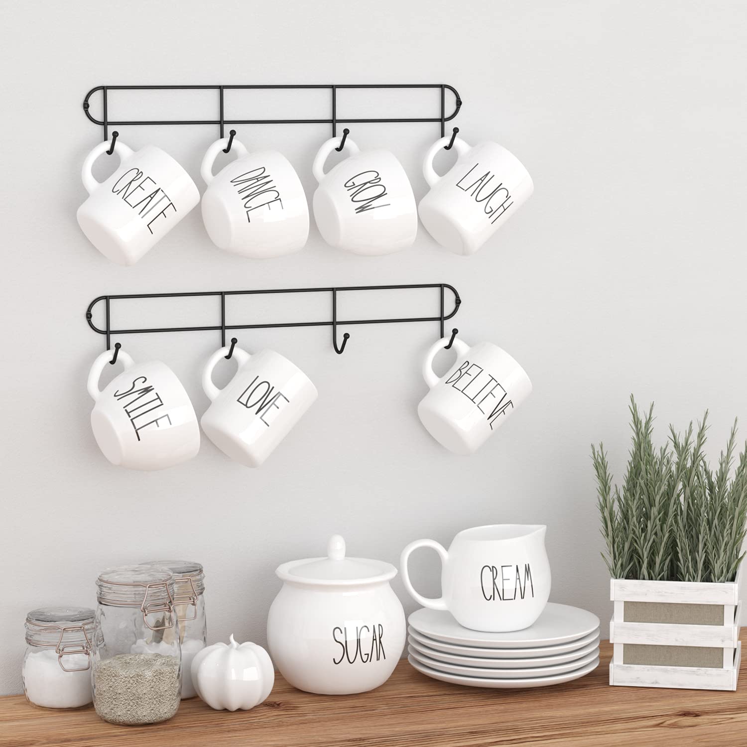 Wall Mounted Coffee Mug Rack - Rustic Farmhouse Mug Holder with Hooks for Kitchen, Tea Cup Organizer, Black (Set of 2) - Perfect for Small Space Storage & Coffee Bar Decor