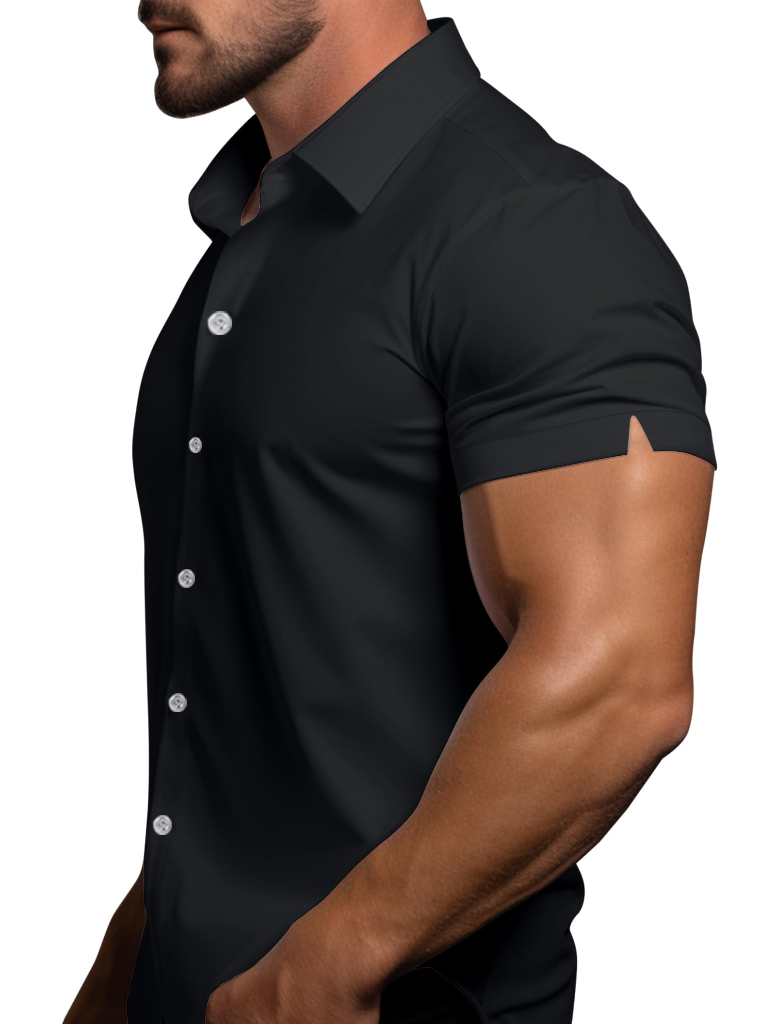 Men's Athletic Slim Fit Stretch Dress Shirts - Short Sleeve Solid Business Casual Button Down Shirt for Gym to Office Wear
