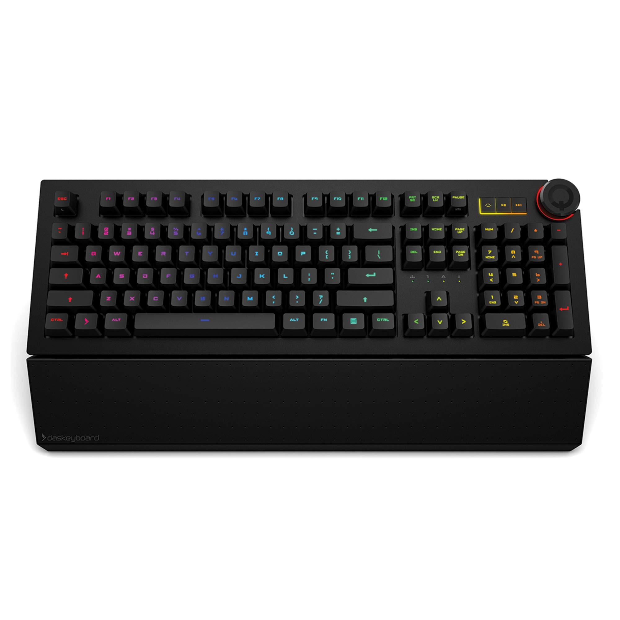 Das Keyboard 5QS Smart RGB Programmable Mechanical Keyboard - Cherry MX Brown Switches for Typing & Gaming, 104-Key Backlit Keyboard with Aluminum Frame, Customizable RGB Lighting, Palm Rest & Volume Control (Black) - Perfect for Office Work, Coding & PC Gaming