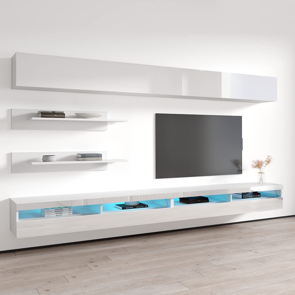 Modern Floating TV Stand with Storage & LED Lights - Wall-Mounted Entertainment Center Console for Bedroom & Living Room - 35 Inch TV Shelf Unit with Adjustable Shelves - Perfect for Small Spaces & Home Theater Setup (White)