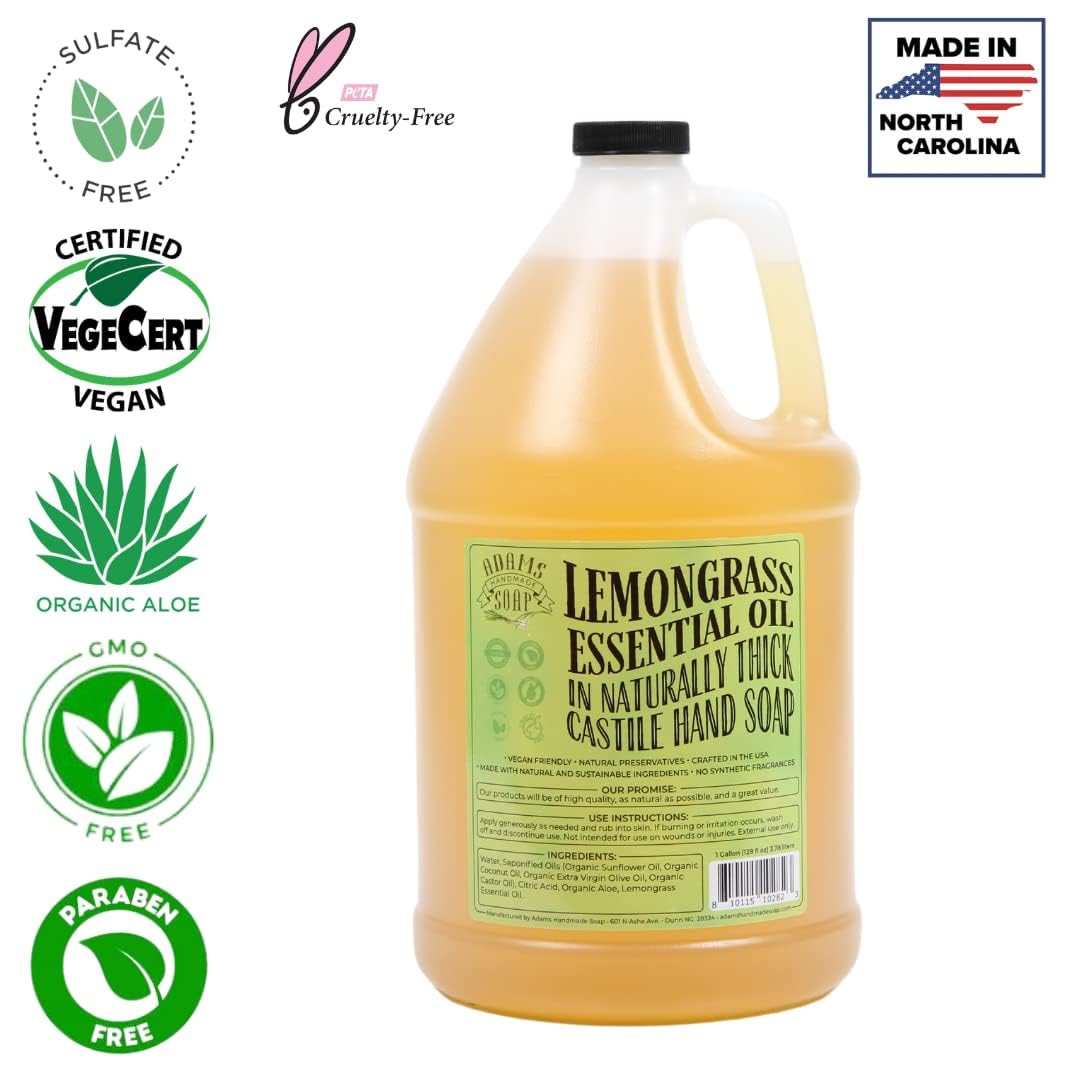 Adams Handmade Liquid Hand Soap 1 Gallon (4 Pack) - Natural Lemongrass Scent for Kitchen, Bathroom & Office - Gentle Moisturizing Formula for Daily Hand Washing