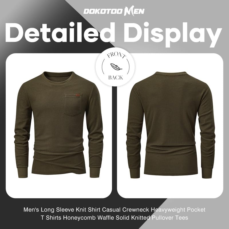 Men's Lightweight Long Sleeve Crewneck Sweater - Honeycomb Waffle Knit Casual Shirt with Pocket | Perfect for Fall Layering, Office Wear & Weekend Outfits