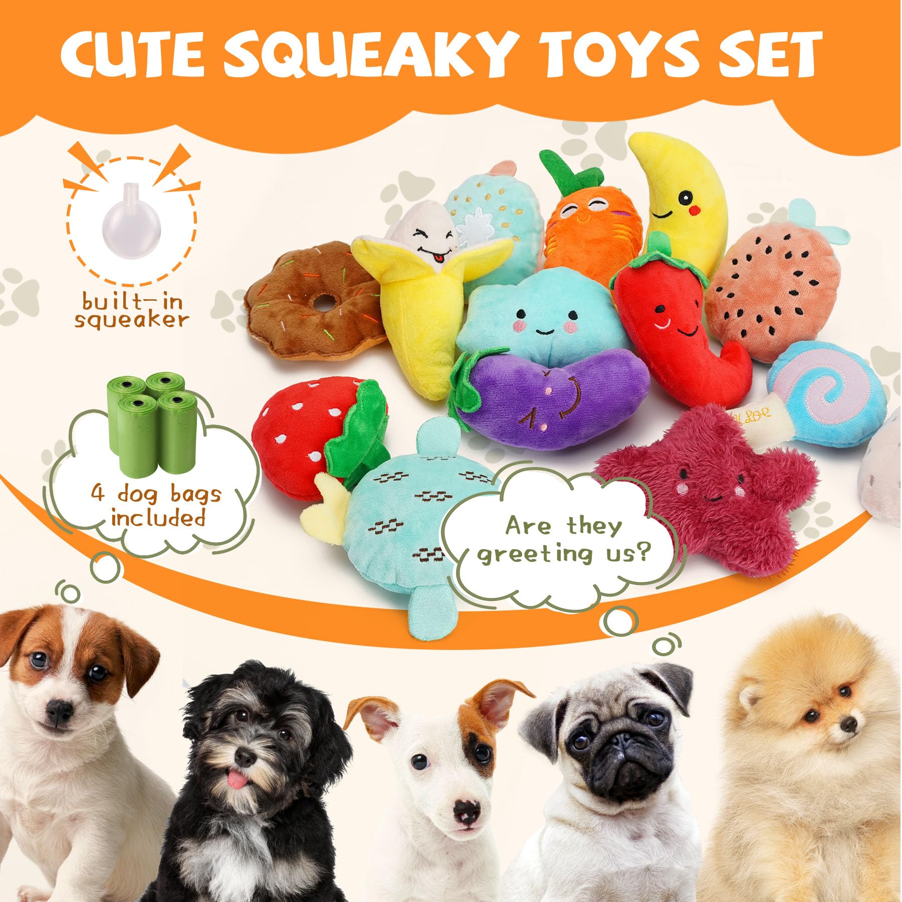 Charming Chorus 20-Pack Squeaky Dog Toys Set with 4 Dog Bags - Irresistibly Cute Plush Puppy Toys for Small Dogs, Interactive Squeak Toys for Fun & Teeth Cleaning - Perfect for Playtime, Training, and Indoor/Outdoor Activities