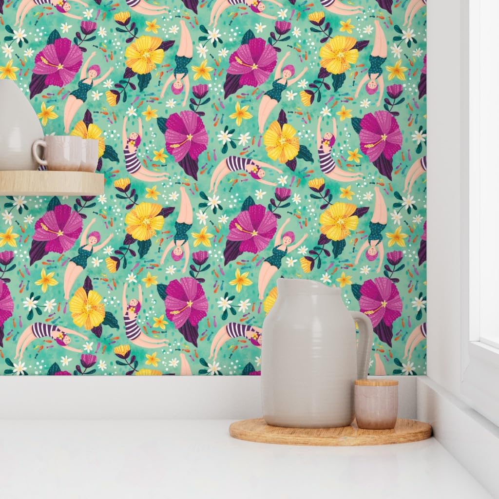 Peel & Stick Removable Wallpaper 9ft x 2ft - Underwater Ocean Theme with Hibiscus Flowers, Bubbles & Sea Animals | Self-Adhesive Custom Wallpaper for Bedroom, Nursery, or Bathroom Decor by Spoonflower