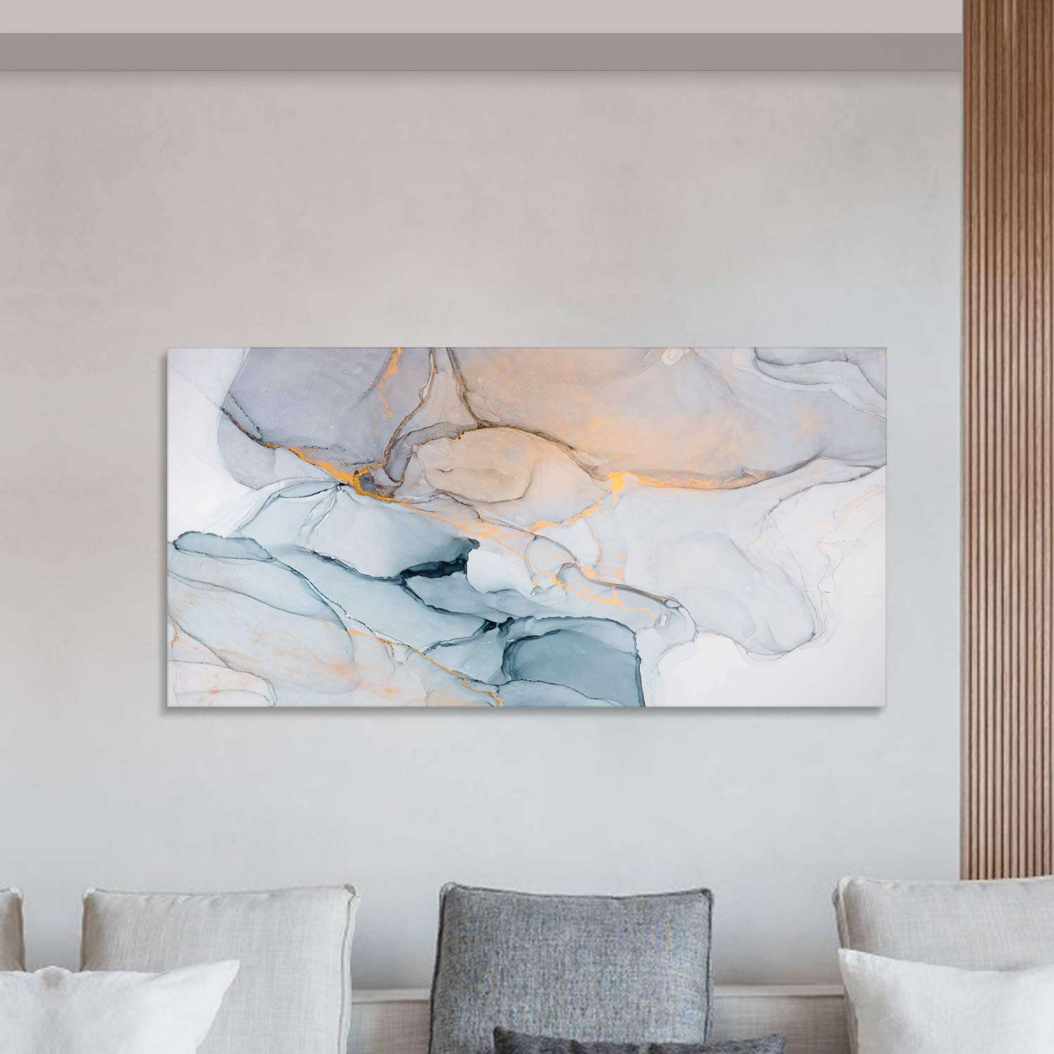 Looife Abstract Marble Canvas Wall Art - 48x24 Inch Teal Gray & Gold Painting Print, Modern Art Deco Gallery Wrapped Wall Decor for Bedroom & Living Room - Perfect for Home, Office & Gift Giving