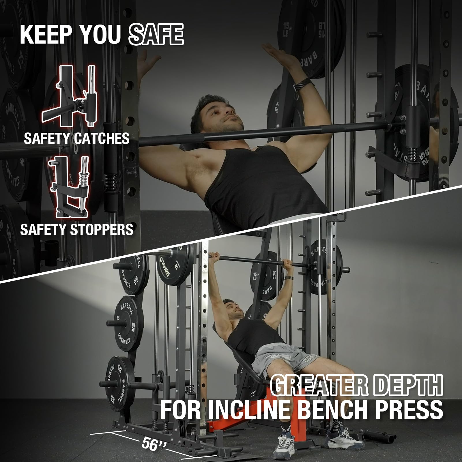 Mikolo Smith Machine - 2200lbs Heavy Duty Squat Rack with LAT Pulldown & Cable Crossover System, Full-Body Gym Equipment with Leg Hold-Down Attachment for Home & Commercial Strength Training
