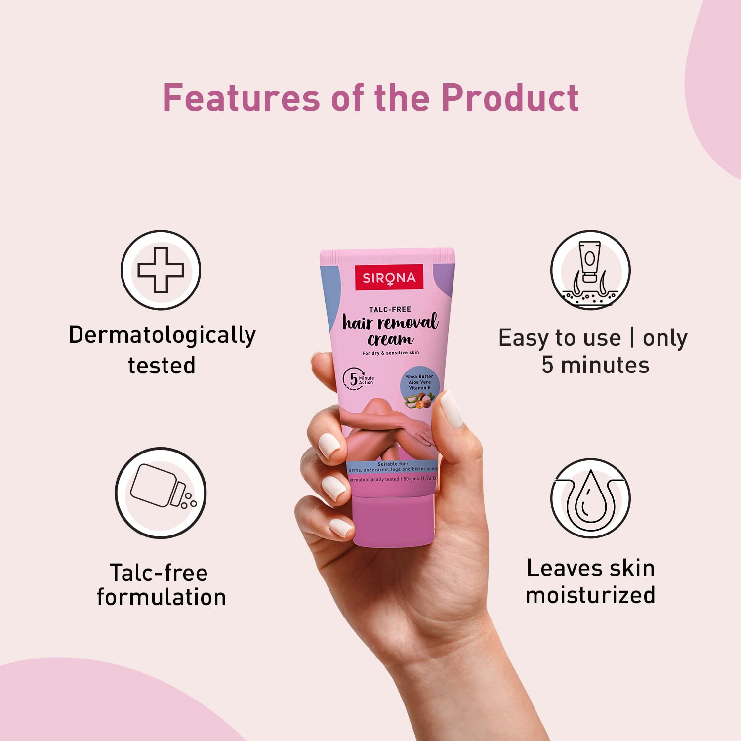 Sirona Hair Removal Cream for Women - Bikini, Underarms & Legs - Dermatologist Tested for Sensitive & Dry Skin - 50g (1 Pack) | Painless Hair Removal at Home, Smooth Skin for Summer & Beach Wear