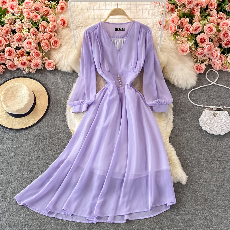 Vintage French Style Autumn Chiffon Dress with Puff Sleeves, High Waist & V-Neck - Elegant Retro Long Skirt for Fall Weddings, Date Nights and Office Wear