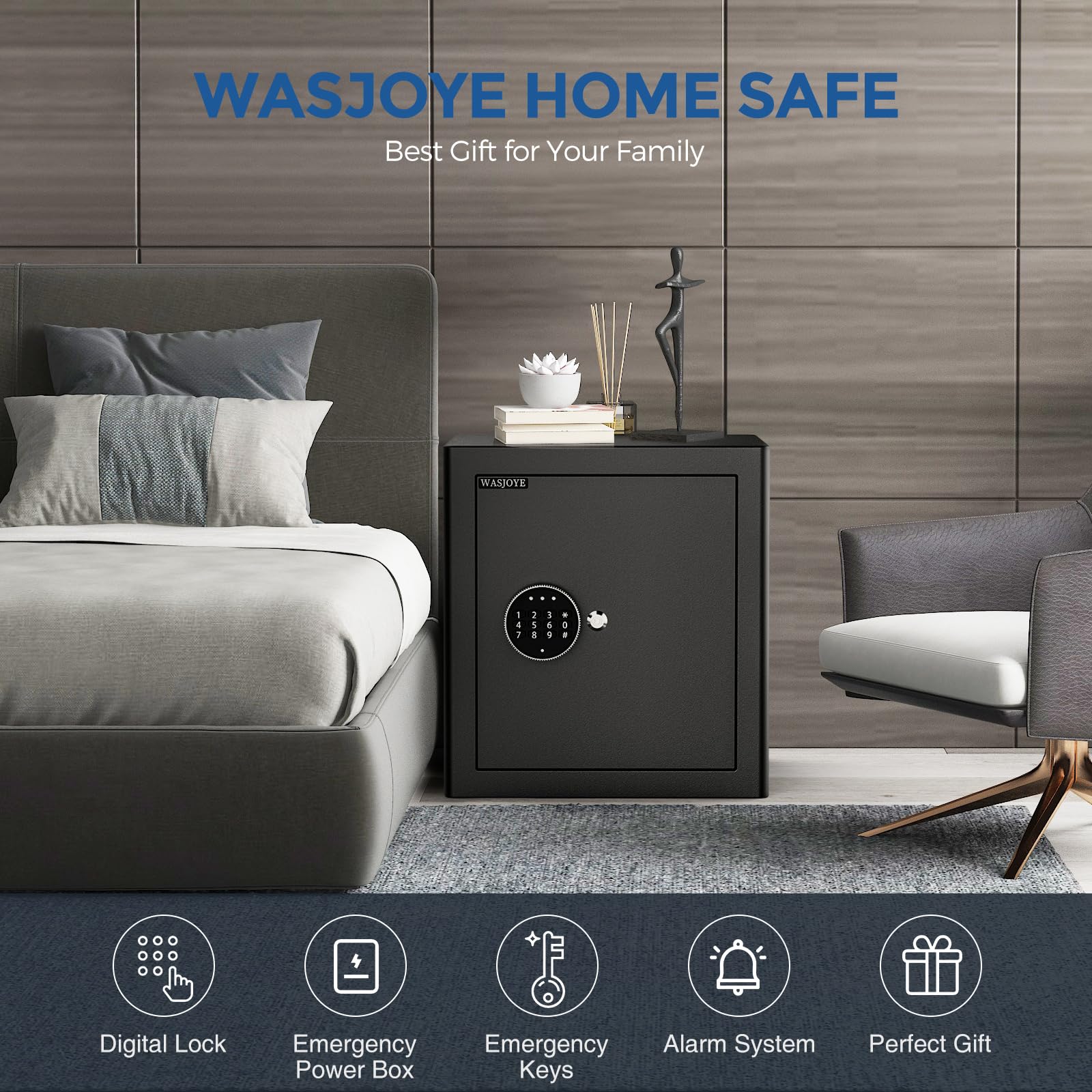 WASJOYE Digital Keypad Security Safe Box - 2.0 Cubic Feet Home & Office Safe for Money, Jewelry, Documents, Passports | Fireproof & Theft Proof | Ideal for Bedroom, Closet, Business & Hotel Use