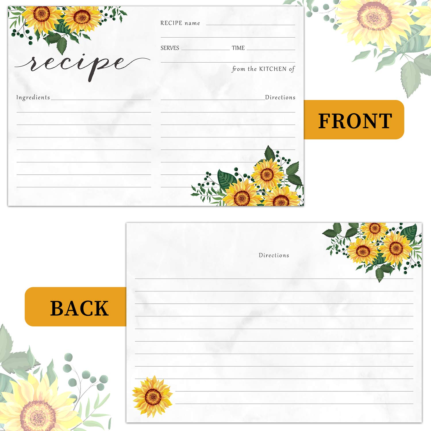 Sunflower Recipe Cards - Floral Double-Sided Kitchen Recipe Cards for Cooking & Baking - Perfect for Weddings, Bridal Showers & Home Organization (50-Pack)