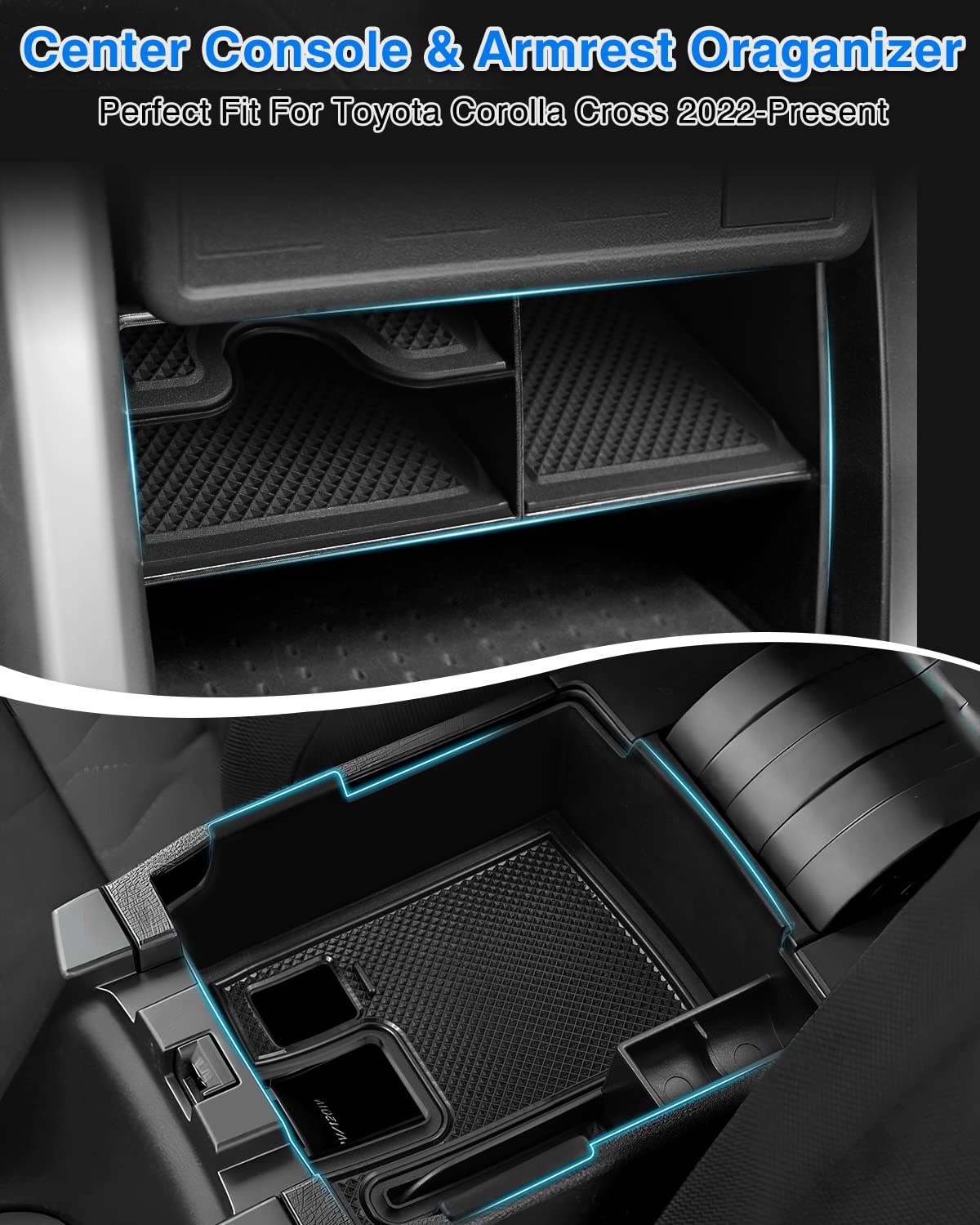 2PCS Center Console Organizer Tray for 2022-2025 Toyota Corolla Cross | Non-Slip Armrest Storage Box | Car Accessories for Organization | Perfect for Road Trips & Daily Commute