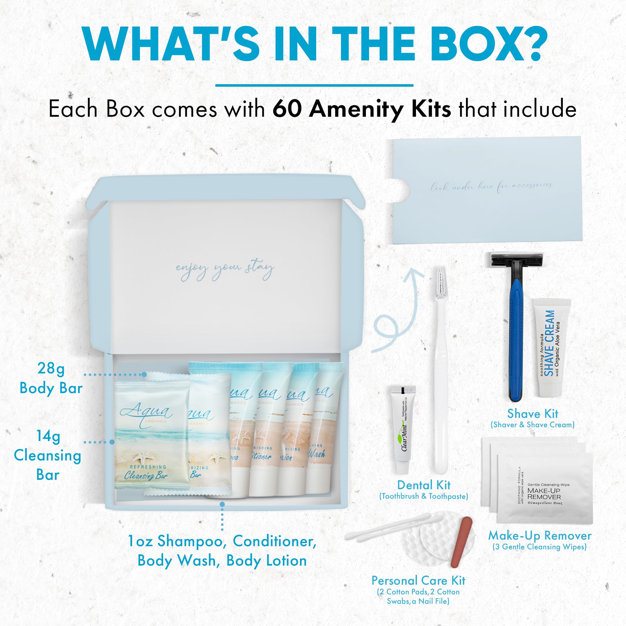 Aqua Organics Travel Amenity & Accessory Kit - 60 Sets with 1 oz Shampoo, Conditioner, Lotion, Body Wash, Soap Bars, Shaving Kit, Dental Set & Makeup Wipes | Perfect for Hotels, Spas, Airlines & Luxury Gift Baskets
