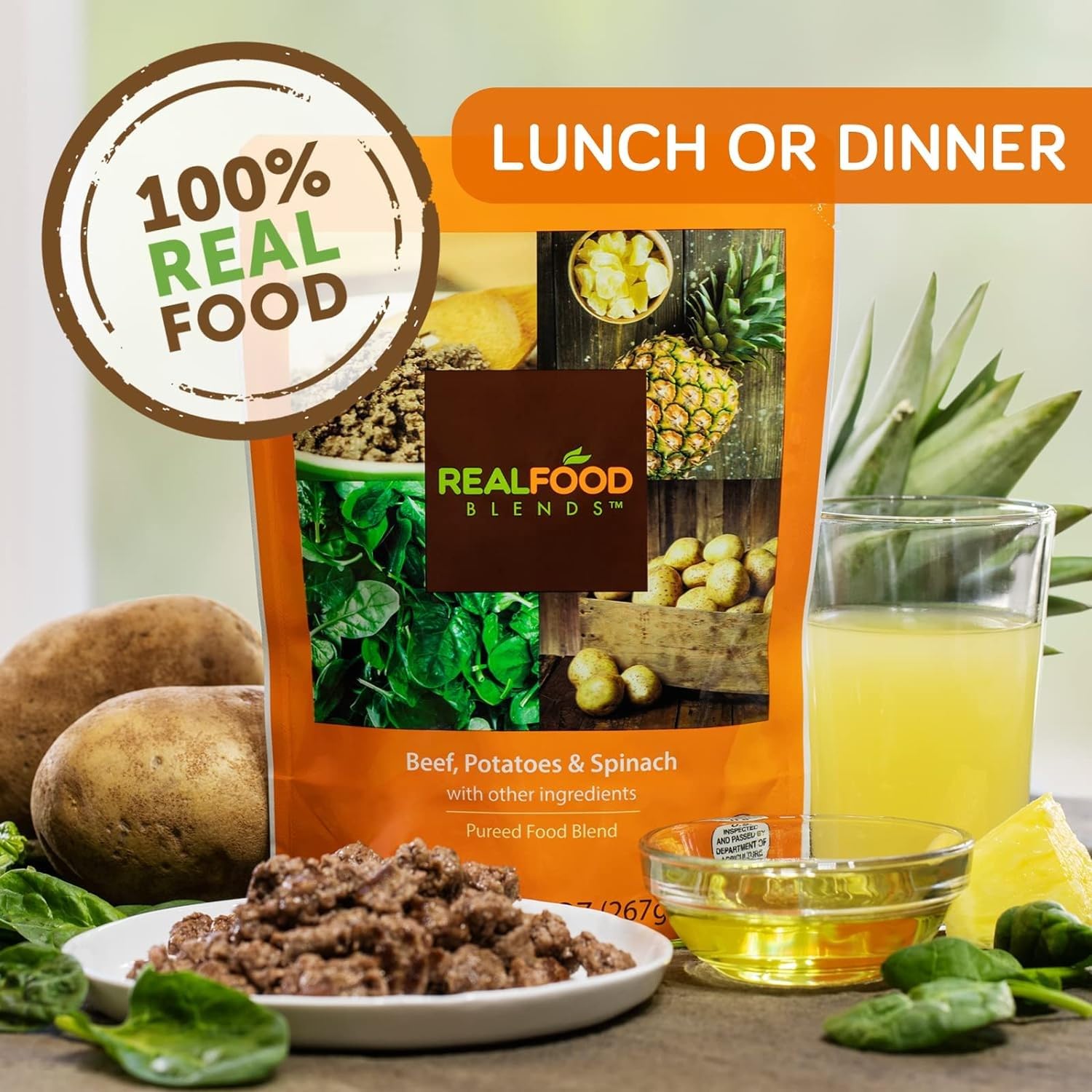 Real Food Blends Beef, Potatoes & Spinach Puree - High Protein Tube Feeding Meals with Vegetables & Fruits - 330 Calorie Nutrient-Rich Pureed Food for Adults & Seniors - 9.4 oz Pouch (12 Pack) - Ideal for G-Tube, PEG Tube & Meal Replacement