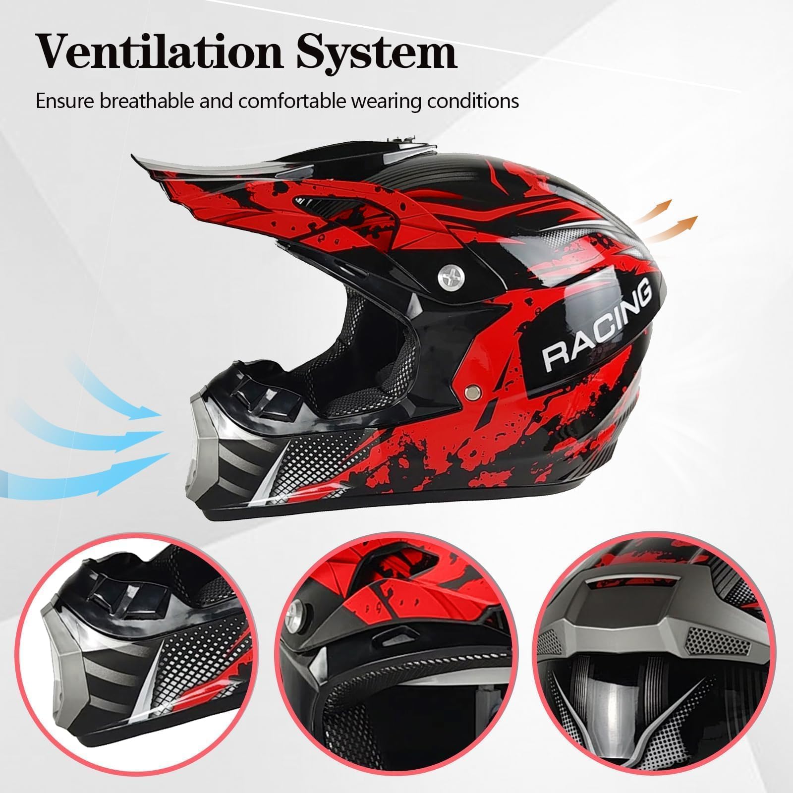 Youth & Adult Motocross Helmet - DOT Approved Full Face ATV/Dirt Bike/BMX Helmet with Goggles, Gloves & Mask - Red Camo Design for Off-Road Racing & Trail Riding (Size S)